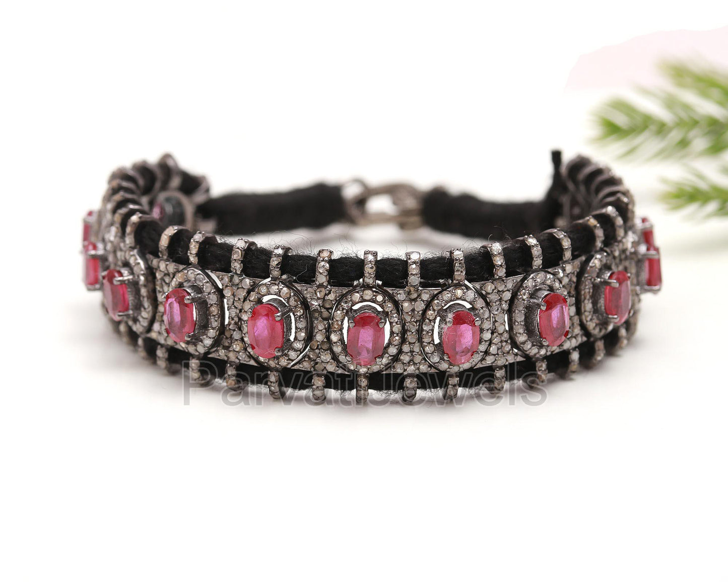 AA Natural Ruby Thread Bracelet, Pave Diamond Bracelet, July Birthstone Bracelet, Pave Diamond 925 Silver Bracelet, Gift for her
