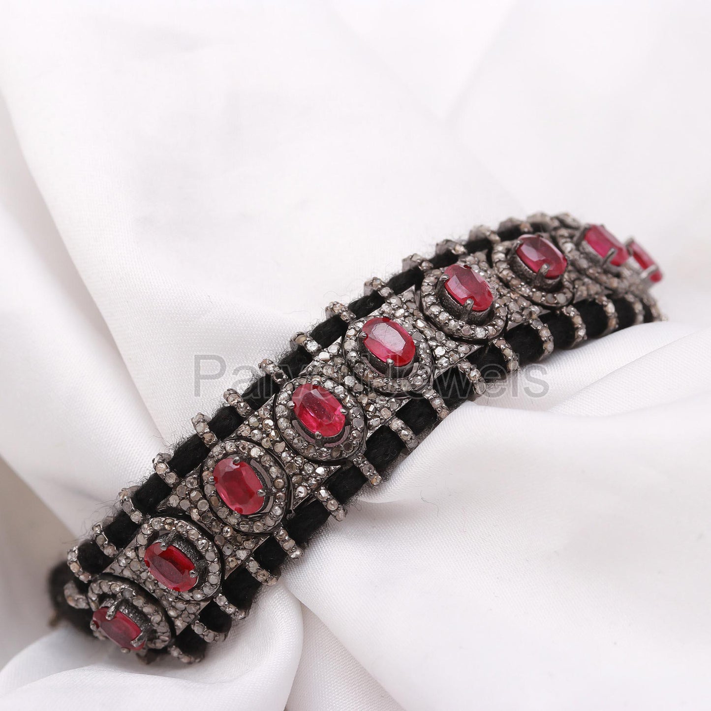 AA Natural Ruby Thread Bracelet, Pave Diamond Bracelet, July Birthstone Bracelet, Pave Diamond 925 Silver Bracelet, Gift for her