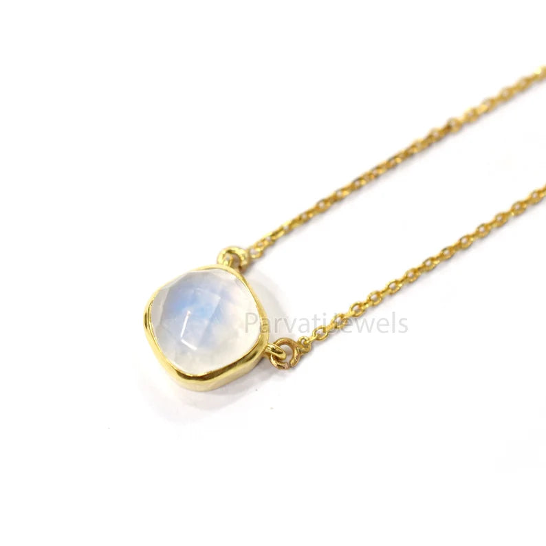 18" Inch Rainbow Moonstone With 18k Solid Gold Pendant Necklace, Natural Moonstone Gold Necklace, Gold Charm Necklace, Moonstone Gold Necklace, Handmade Gold Charm