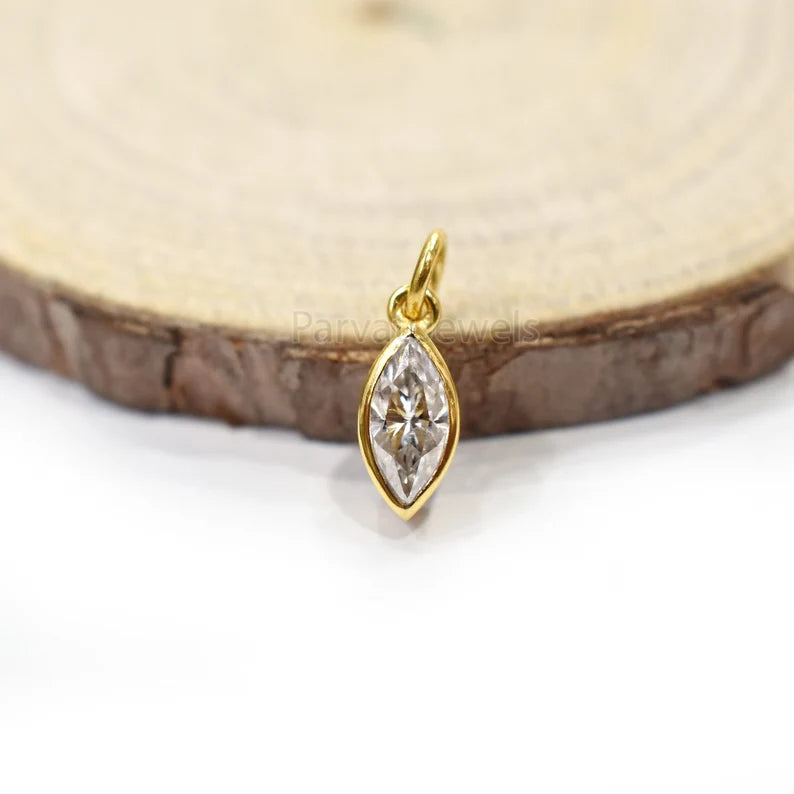 Natural Moissanite Solid 14K & 18K Gold, Marquise Charm Pendant, Marquise Moissanite Gold Charm, Solid Gold Charm, April Birthstone Charm