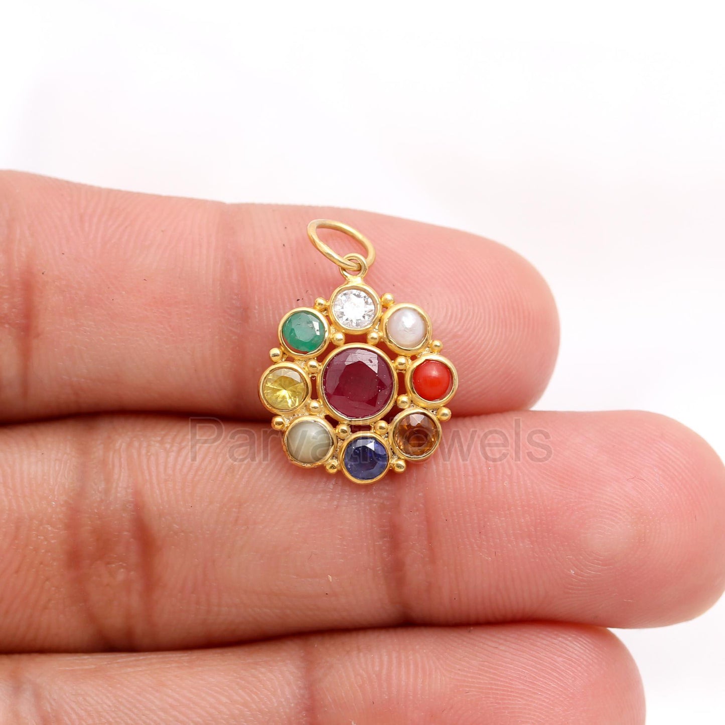 Natural Navratan Charm, 18k Solid Gold Charm, Charm Pendant, Natural Multi Gemstones Charm, Gold Charm, Handmade Gold Charm, Gift For Her