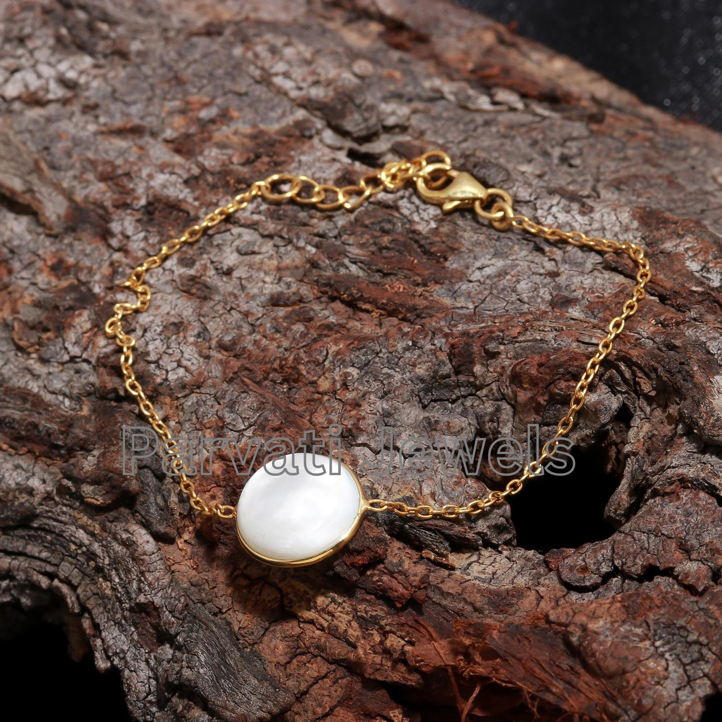 Natural Mother of Pearl Bracelet, 18k Solid Gold Bracelet, Mother of Pearl Charm, Gold Bracelet, Handmade Gold Bracelet, Gift for her