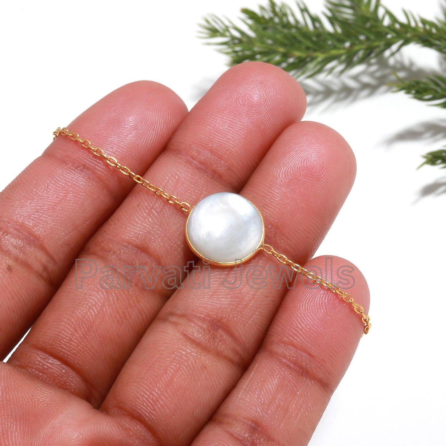 Natural Mother of Pearl Bracelet, 18k Solid Gold Bracelet, Mother of Pearl Charm, Gold Bracelet, Handmade Gold Bracelet, Gift for her