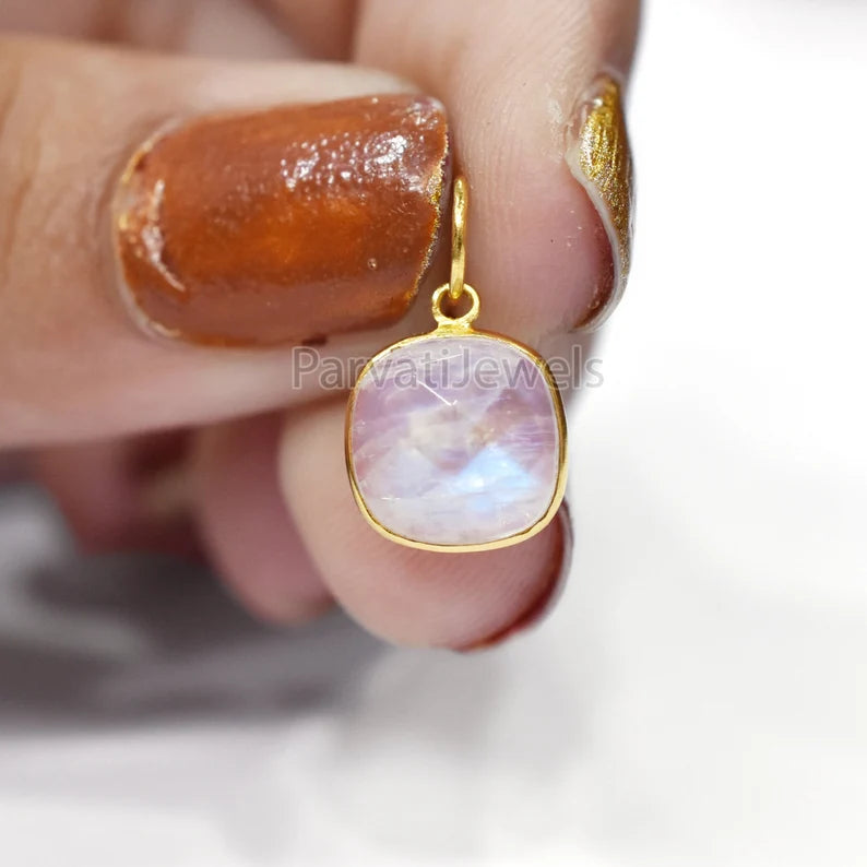 Natural Rainbow Moonstone 18k Solid Gold Charm Pendant Jewelry, Natural Blue Moonstone Charm, 18K Solid Gold Charm, Charm Pendant, Handmade Gold Charm Jewelry