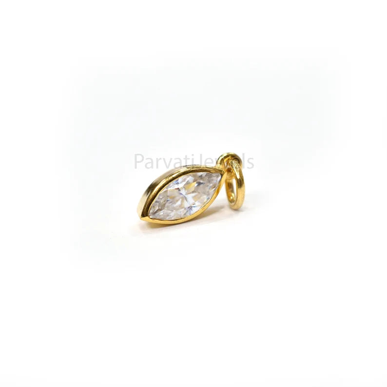 Natural Moissanite Solid 14K & 18K Gold, Marquise Charm Pendant, Marquise Moissanite Gold Charm, Solid Gold Charm, April Birthstone Charm