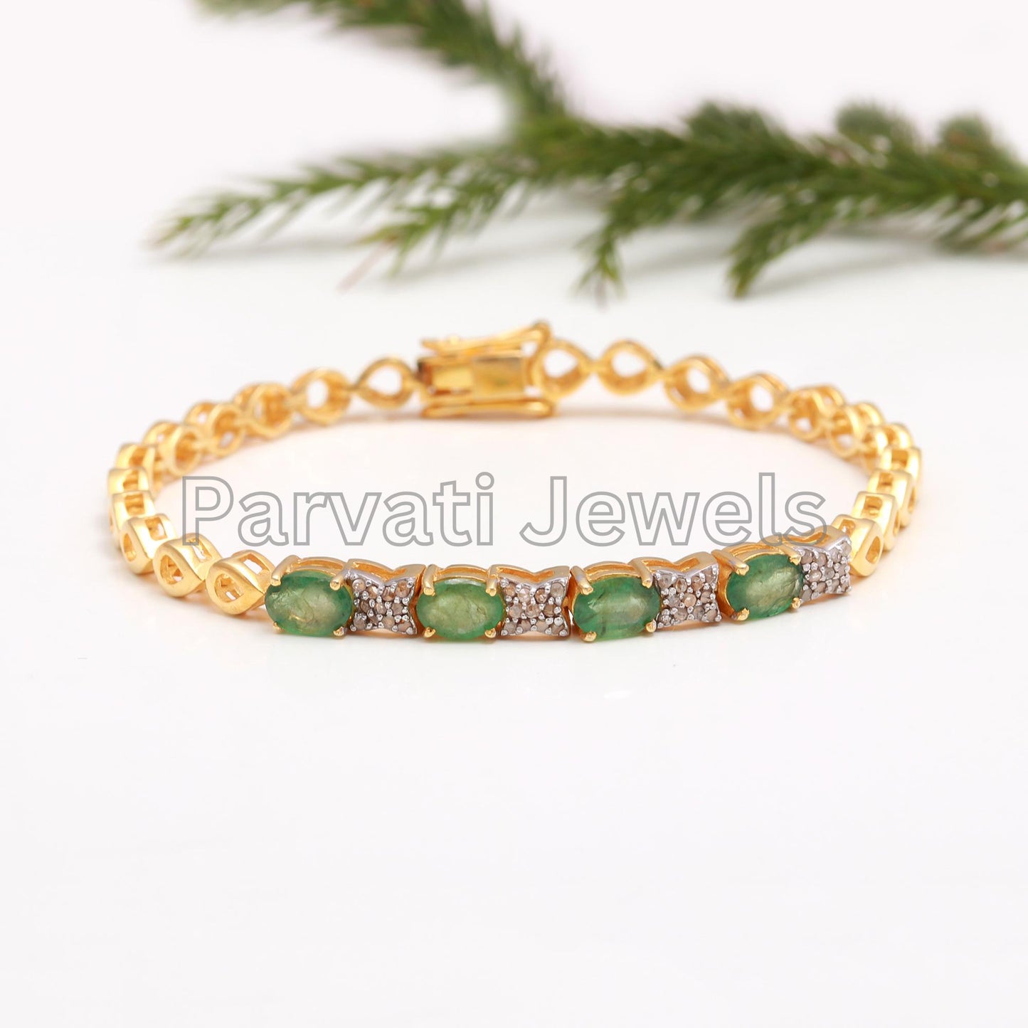 AA Natural Emerald and Diamond Bracelet, Solid 925 Silver Bracelet, May Birthstone Bracelet, Tennis Bracelet, Gift for her, Diamond Bracelet