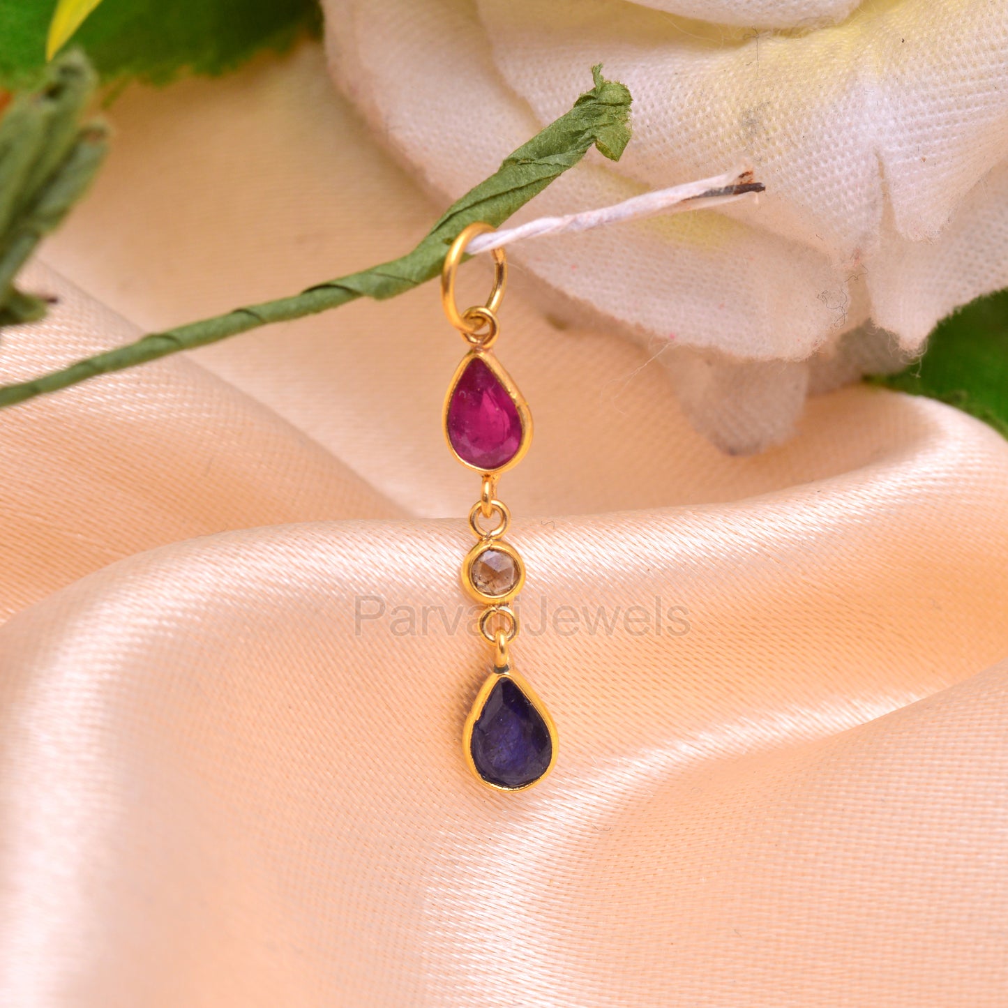 Natural Ruby Diamond Sapphire Charm, Solid 18K Gold Charm, Emerald Sapphire Charm, Rose Cut Diamond Charm Pendant ,Handmade, 4X6 Pear Charm