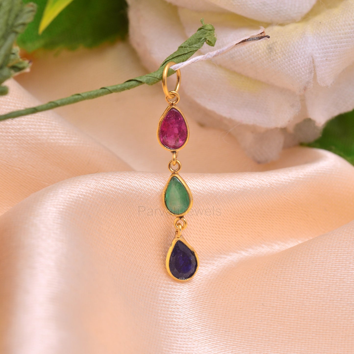 Natural Ruby Emerald Sapphire Gemstone Charm, Solid 18K Gold Charm, Emerald Sapphire Charm, Birthstone Charm Pendant ,Handmade, 4X6 Pear