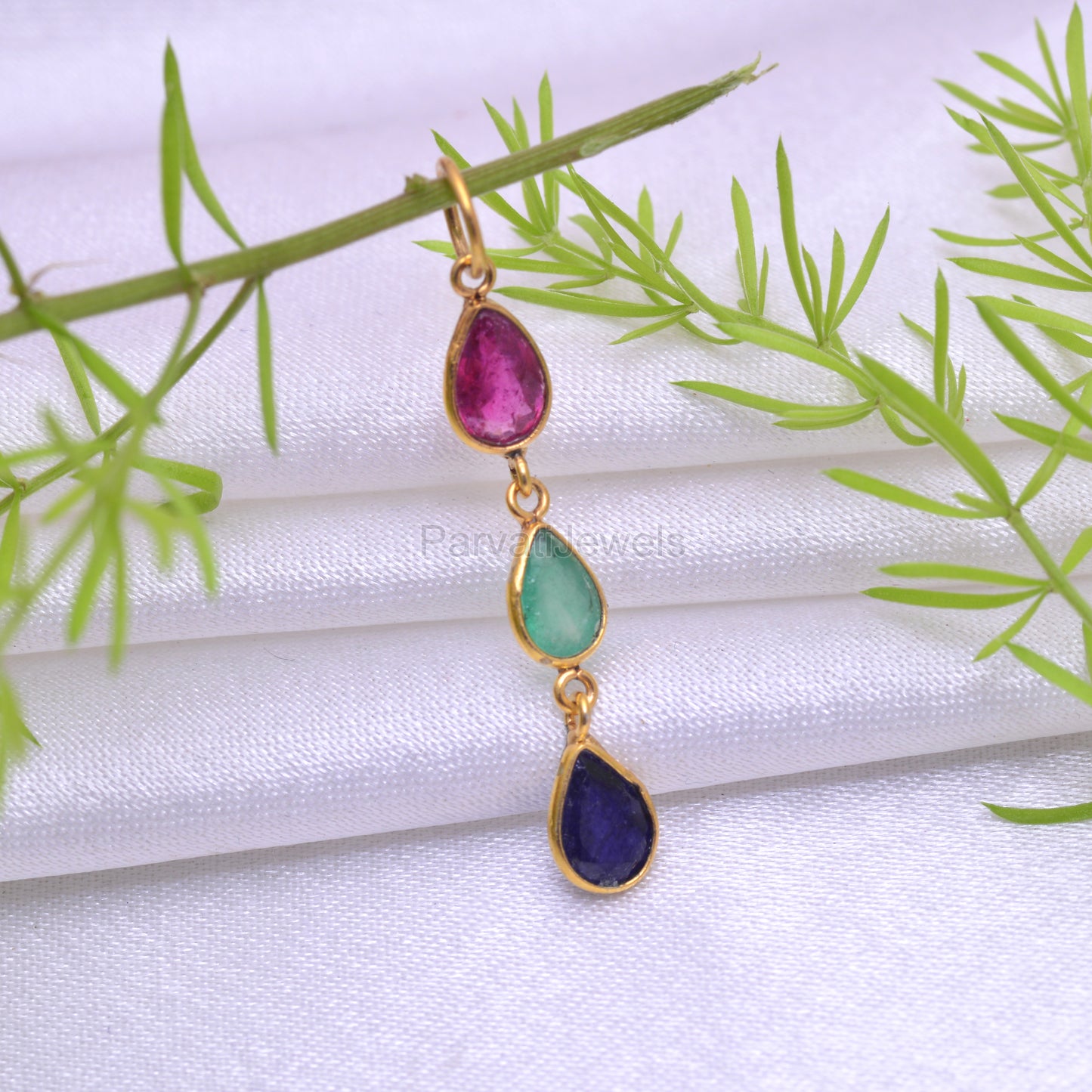 Natural Ruby Emerald Sapphire Gemstone Charm, Solid 18K Gold Charm, Emerald Sapphire Charm, Birthstone Charm Pendant ,Handmade, 4X6 Pear