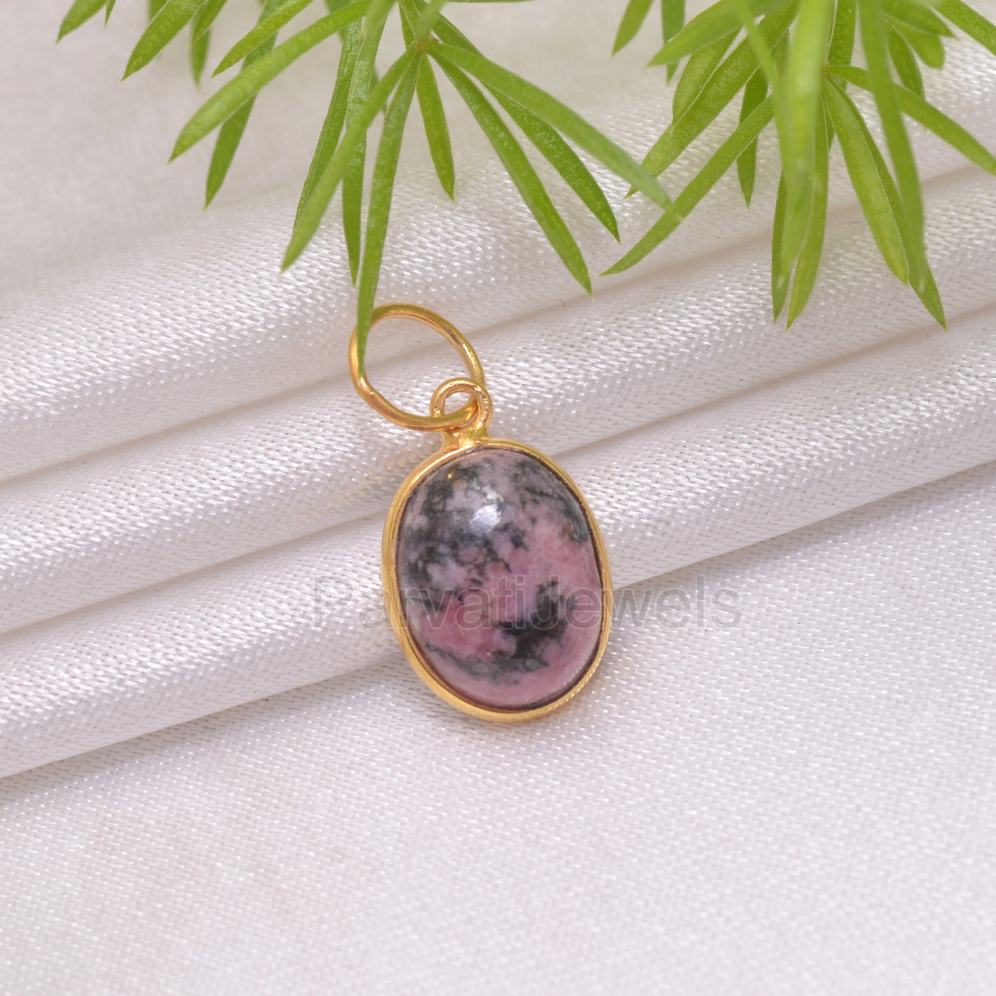 Natural Rhodonite Oval Charm, Solid 18k Gold Charm, Rhodonite Charm Pendant, Gold Charm, Charm Pendant, Charm Necklace, Handmade Gold Charm,