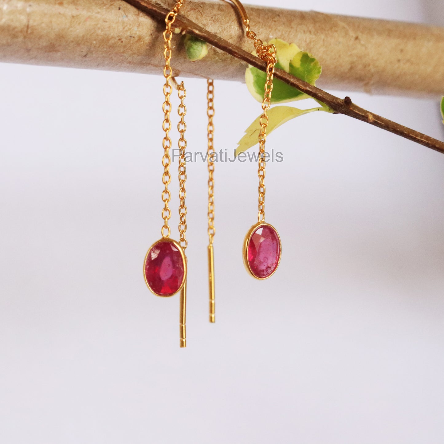 Elegant Ruby Gold Earring, Solid Gold Earrings, Handmade Gold Earrings, Minimalist Hanging Earrings, Thread Earring, Gift for Her