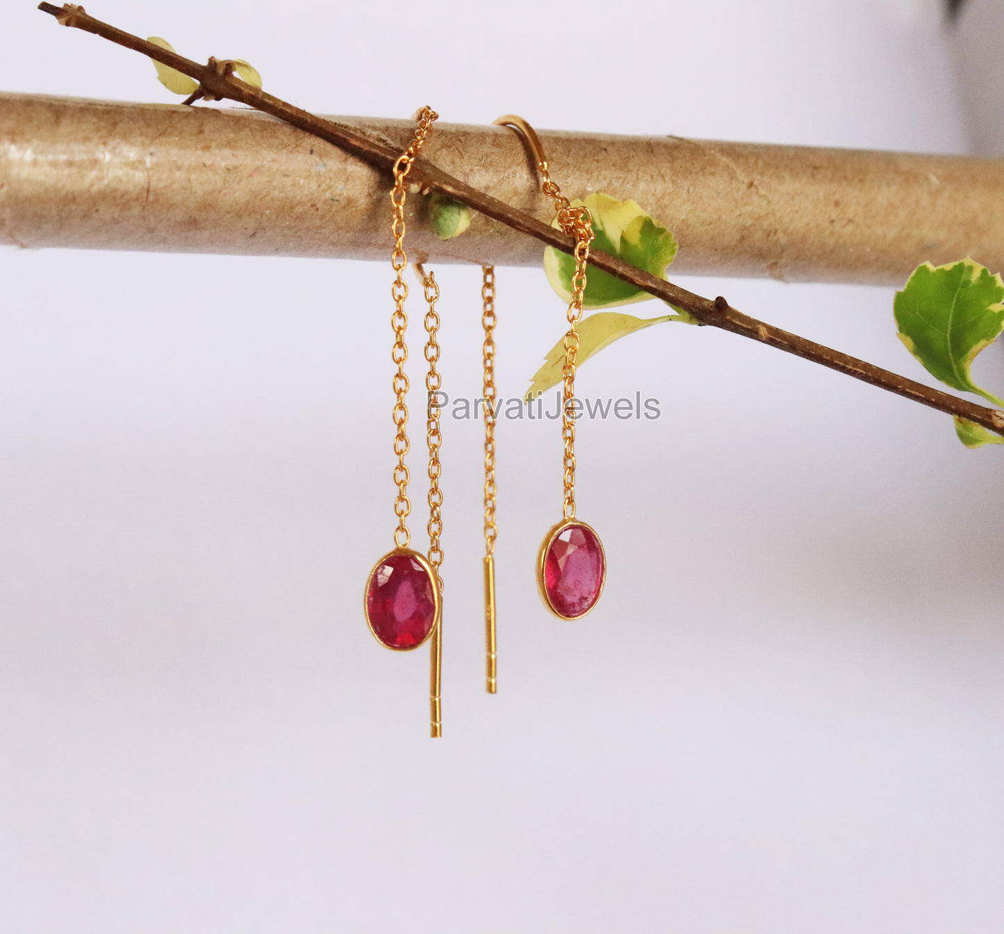 Elegant Ruby Gold Earring, Solid Gold Earrings, Handmade Gold Earrings, Minimalist Hanging Earrings, Thread Earring, Gift for Her