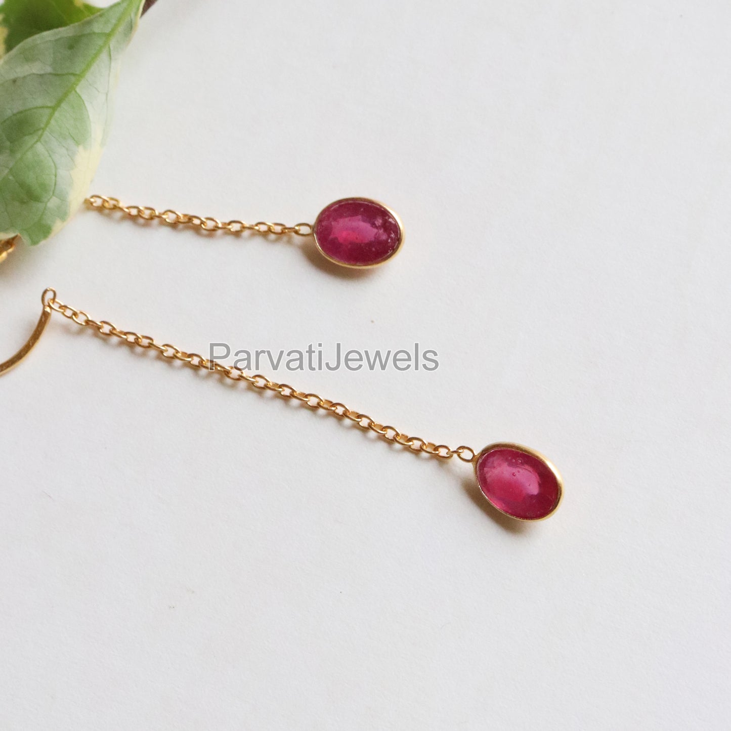 Elegant Ruby Gold Earring, Solid Gold Earrings, Handmade Gold Earrings, Minimalist Hanging Earrings, Thread Earring, Gift for Her