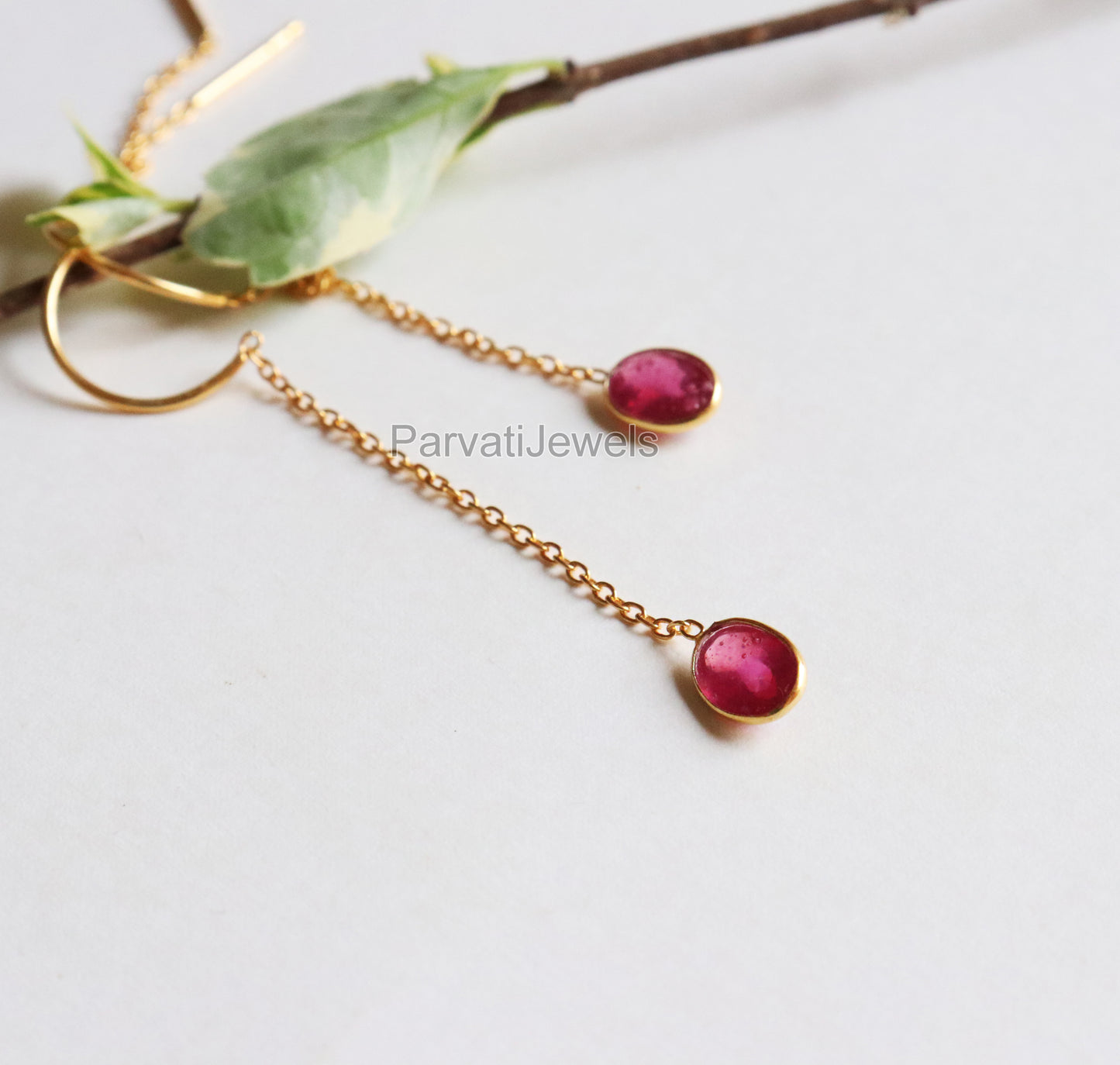 Elegant Ruby Gold Earring, Solid Gold Earrings, Handmade Gold Earrings, Minimalist Hanging Earrings, Thread Earring, Gift for Her