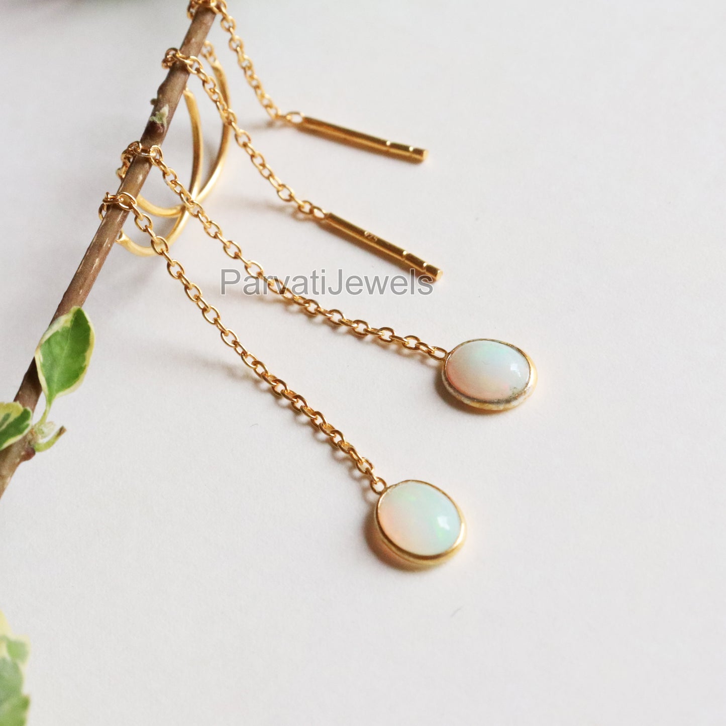 Natural Ethiopian Opal Gold Earring, Solid Gold Earrings, Handmade Gold Earrings, Minimalist Hanging Earrings, Thread Earring, Gift for Her