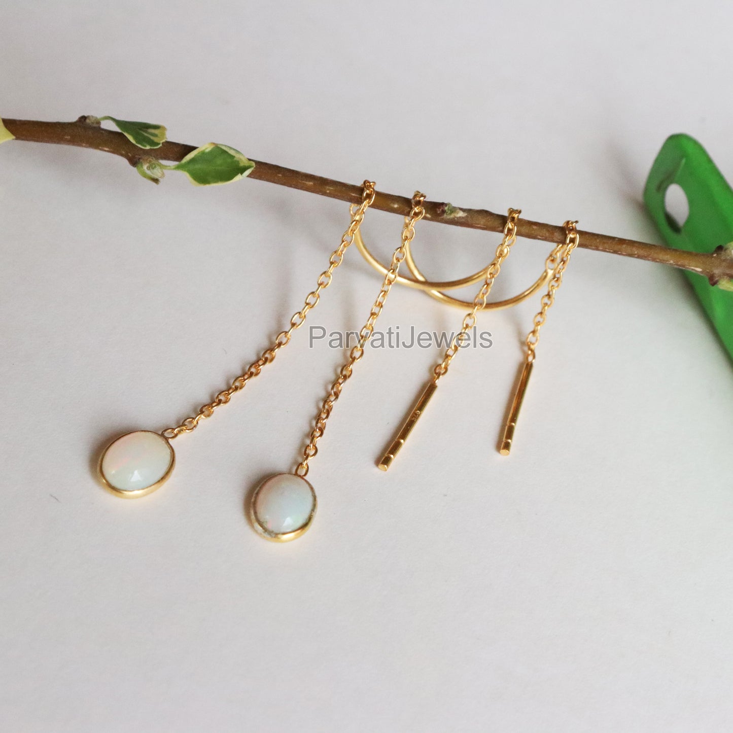 Natural Ethiopian Opal Gold Earring, Solid Gold Earrings, Handmade Gold Earrings, Minimalist Hanging Earrings, Thread Earring, Gift for Her