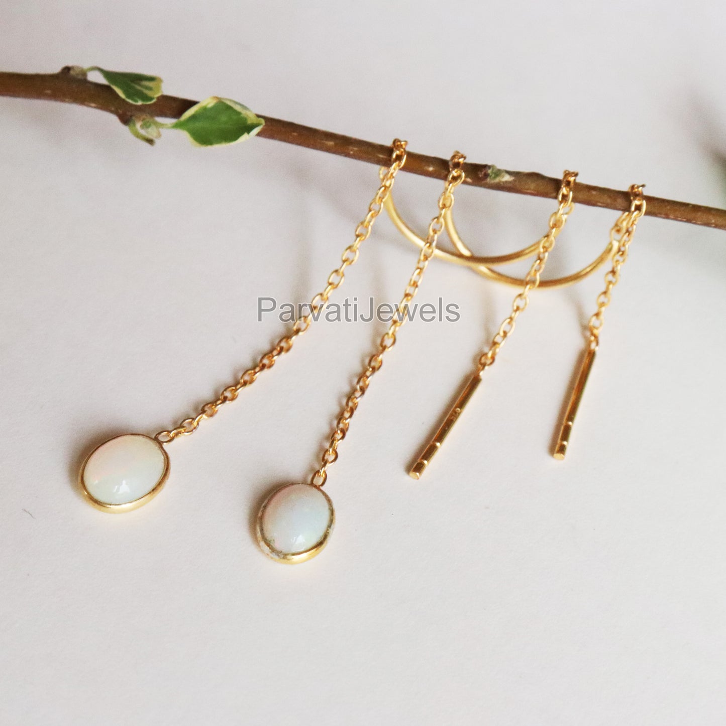 Natural Ethiopian Opal Gold Earring, Solid Gold Earrings, Handmade Gold Earrings, Minimalist Hanging Earrings, Thread Earring, Gift for Her