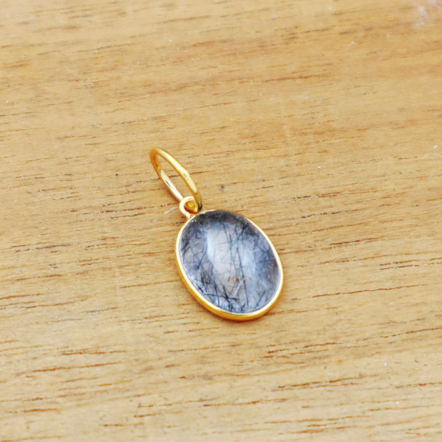 Black Rutile Charm, 18k Solid Gold Charm, Natural Tourmalated Quartz Charm, Gold Charm, Charm Pendant, Charm Necklace, Handmade Charms