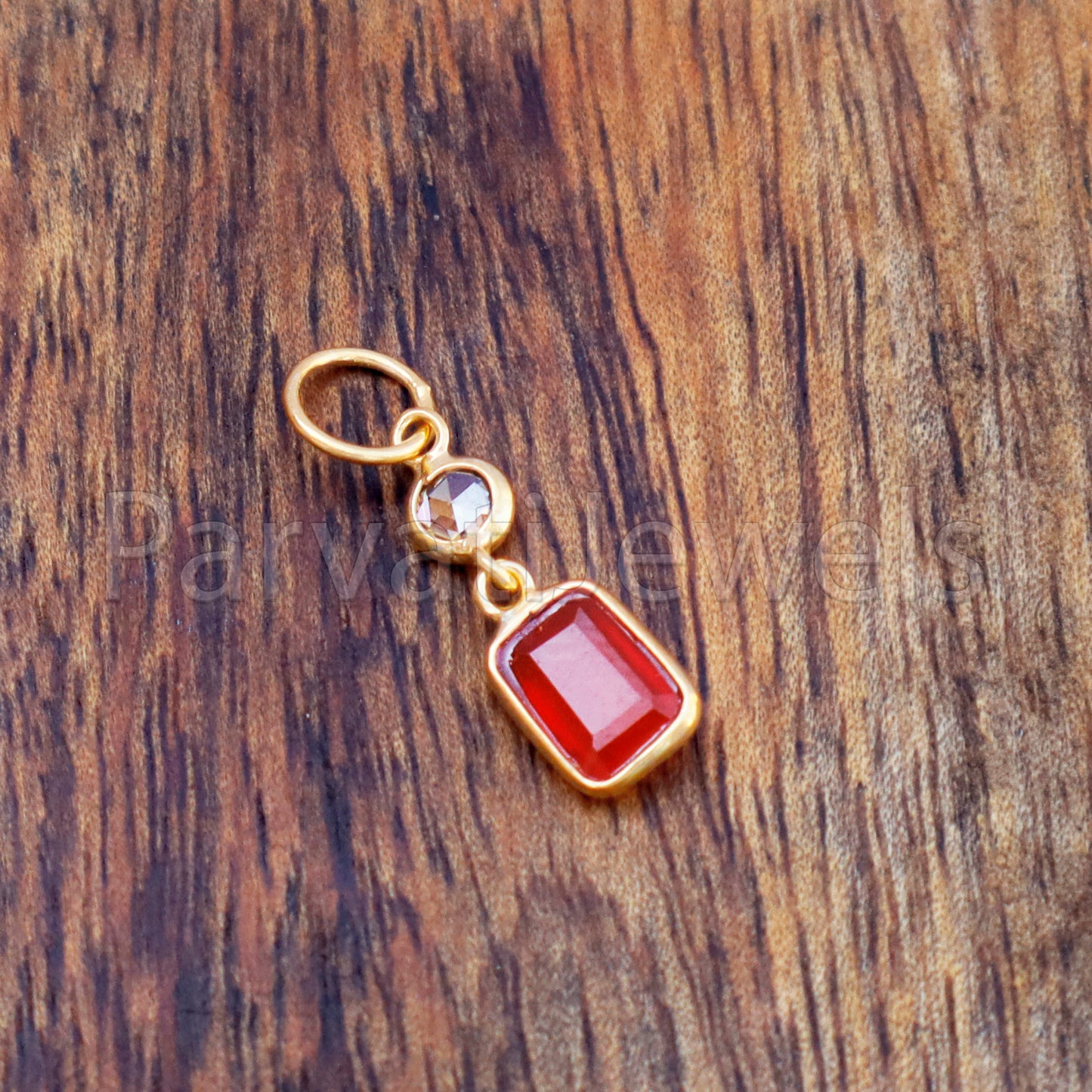 Natural Carnelian & Natural Rose Cut Diamond Charm, 18k Solid Gold Charm, Carnelian Charm, Gold Charm, Necklace, MOTIVATION STONE, 18K GOLD