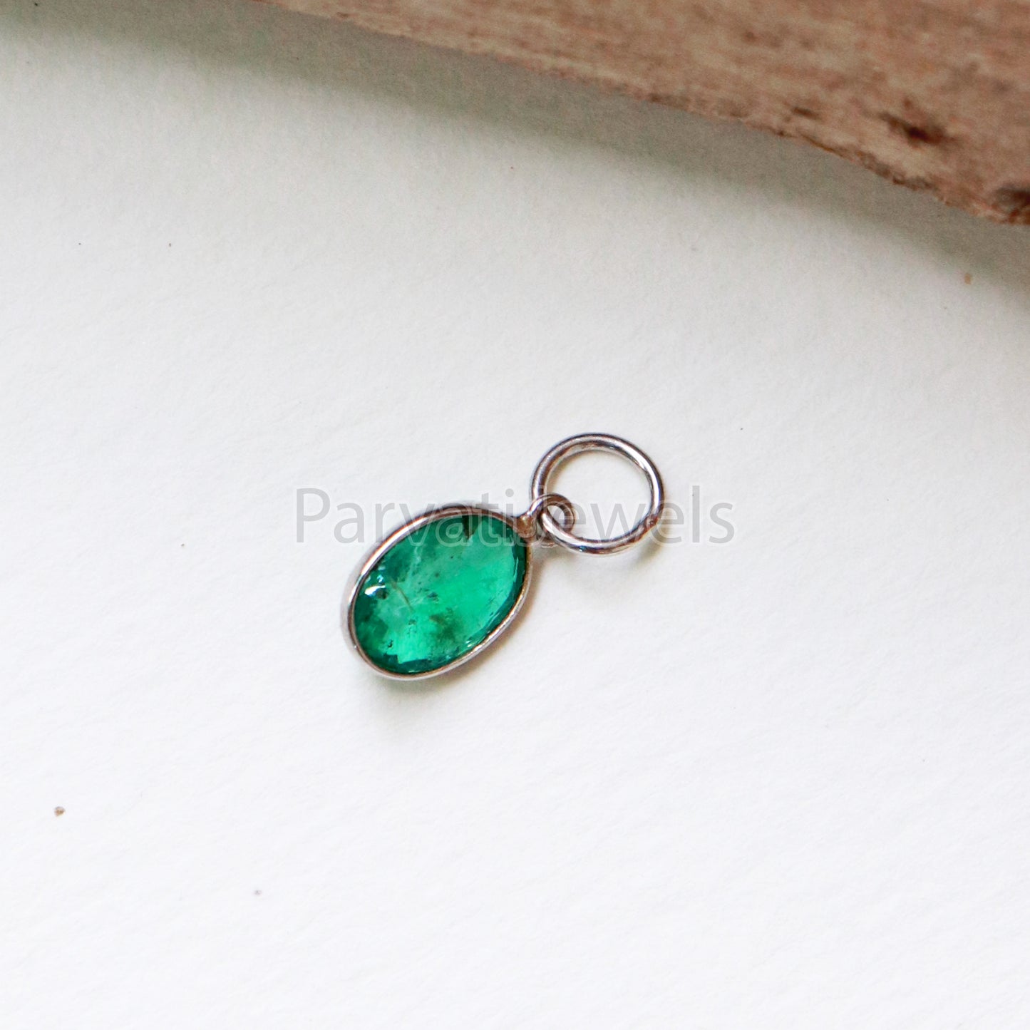Emerald Charm, 18k Solid White Gold Charm, Natural Emerald Charm, White Gold Charm, Charm Pendant, Charm Necklace, Handmade White Gold Charm