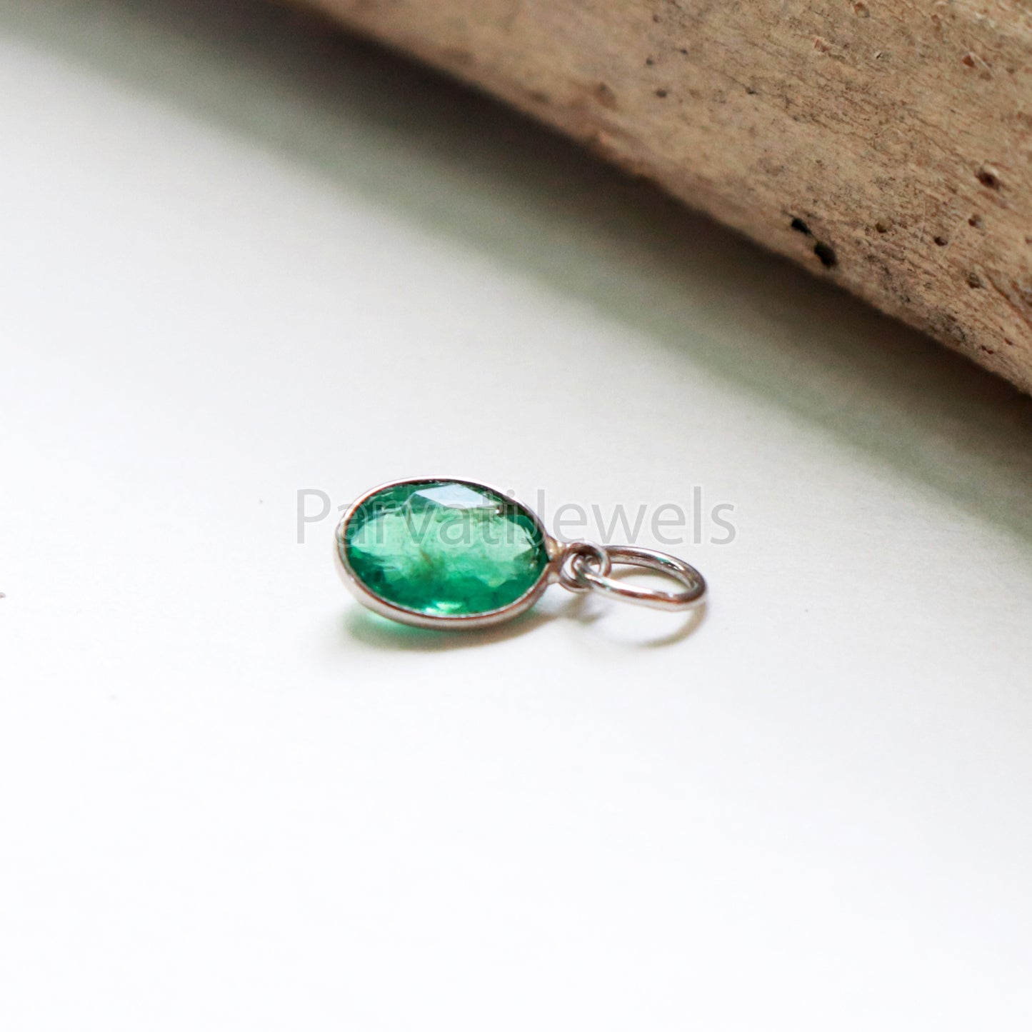Emerald Charm, 18k Solid White Gold Charm, Natural Emerald Charm, White Gold Charm, Charm Pendant, Charm Necklace, Handmade White Gold Charm