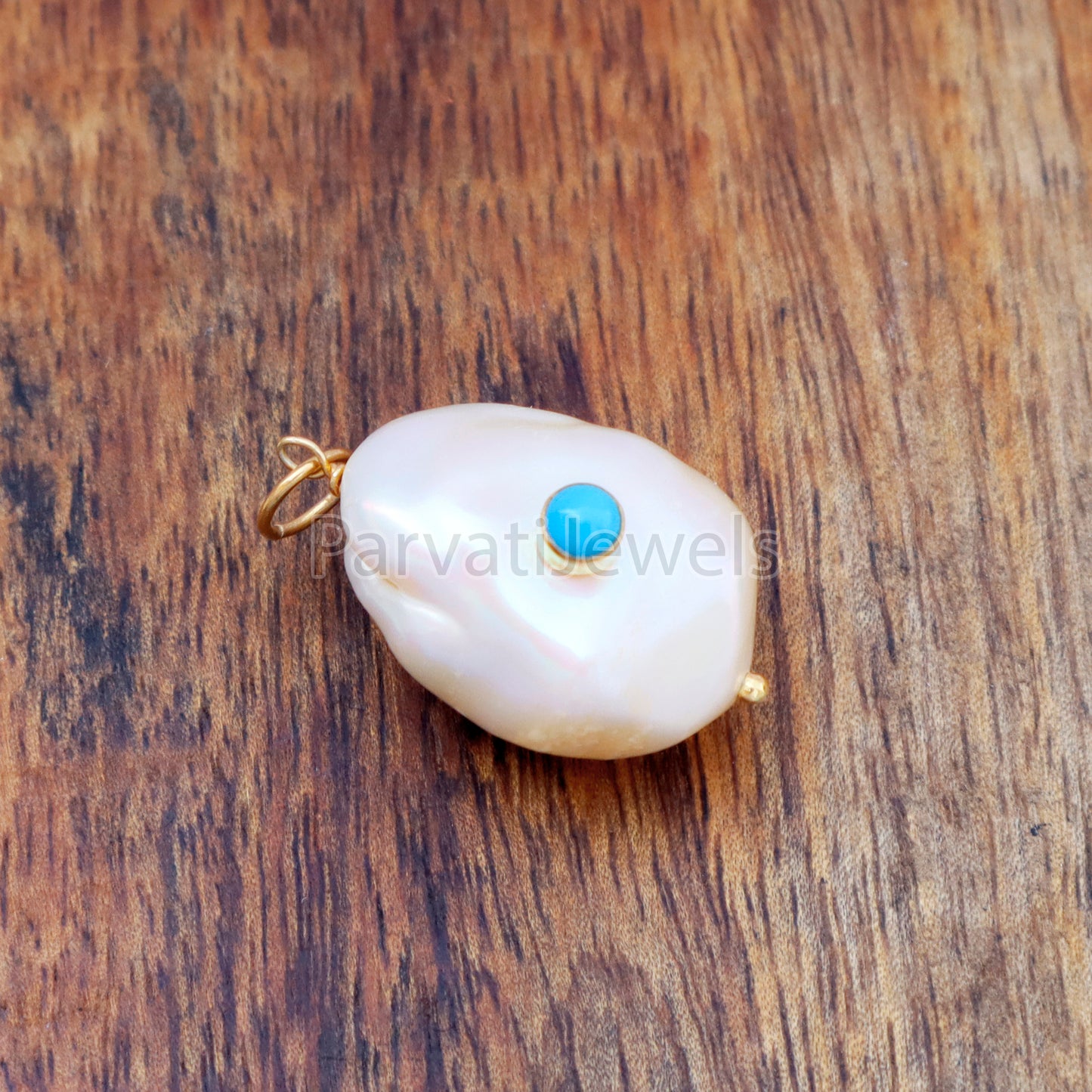 Natural Sleeping Beauty Turquoise Pave Baroque Pearl Charm, 18k Solid Gold Charm, Pearl Gold Charm, , Pearl Charm Necklace, Charm Pendant