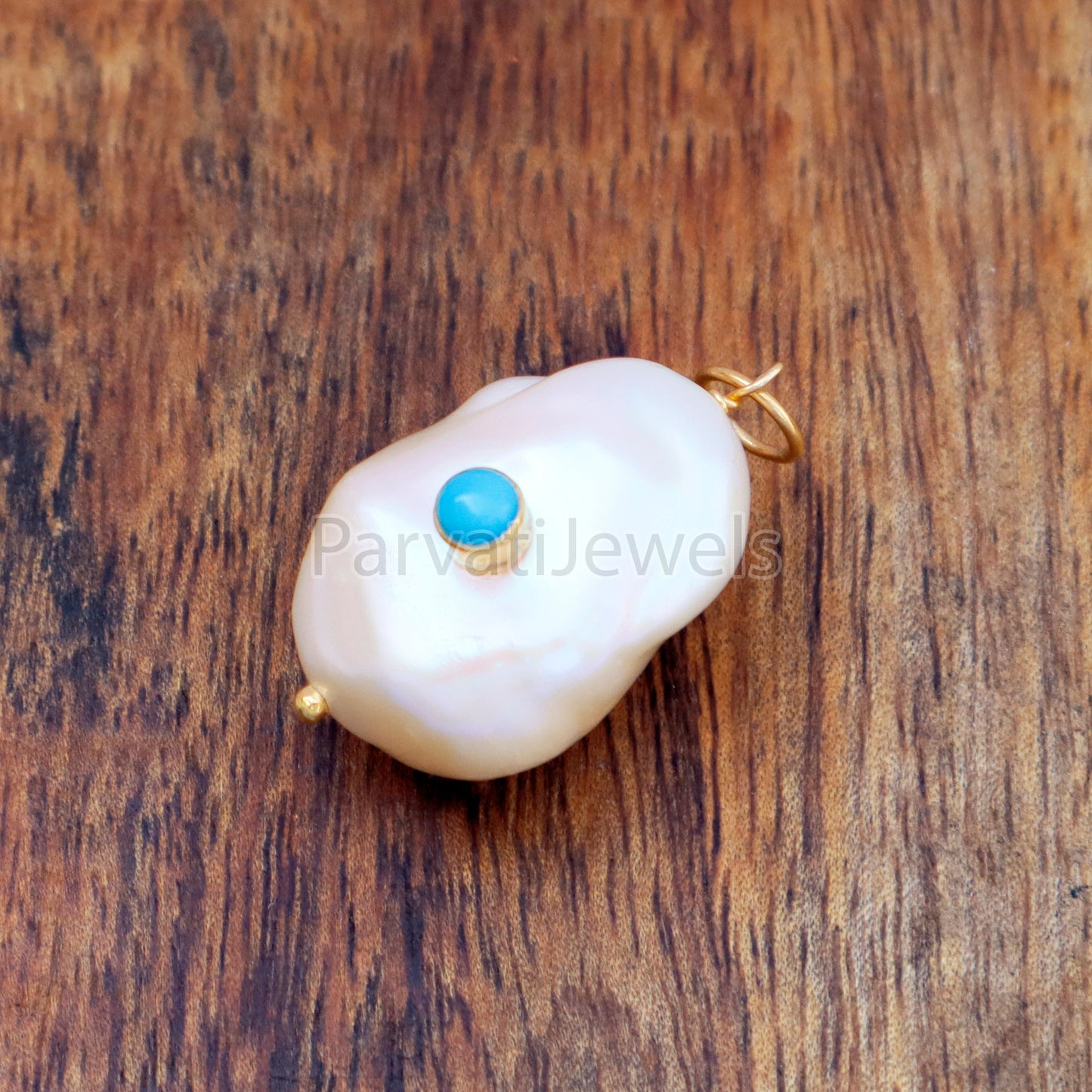 Natural Sleeping Beauty Turquoise Pave Baroque Pearl Charm, 18k Solid Gold Charm, Pearl Gold Charm, , Pearl Charm Necklace, Charm Pendant