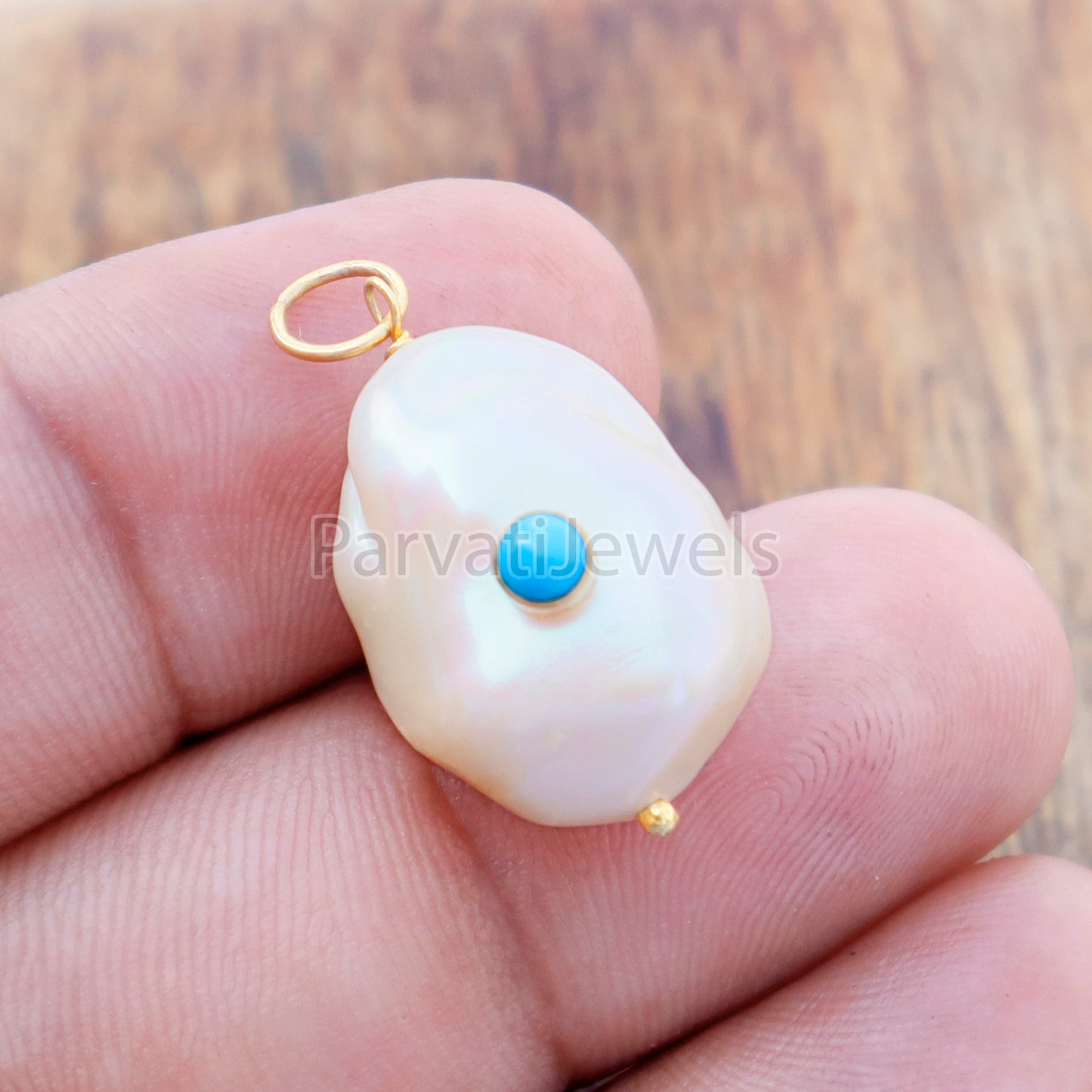 Natural Sleeping Beauty Turquoise Pave Baroque Pearl Charm, 18k Solid Gold Charm, Pearl Gold Charm, , Pearl Charm Necklace, Charm Pendant