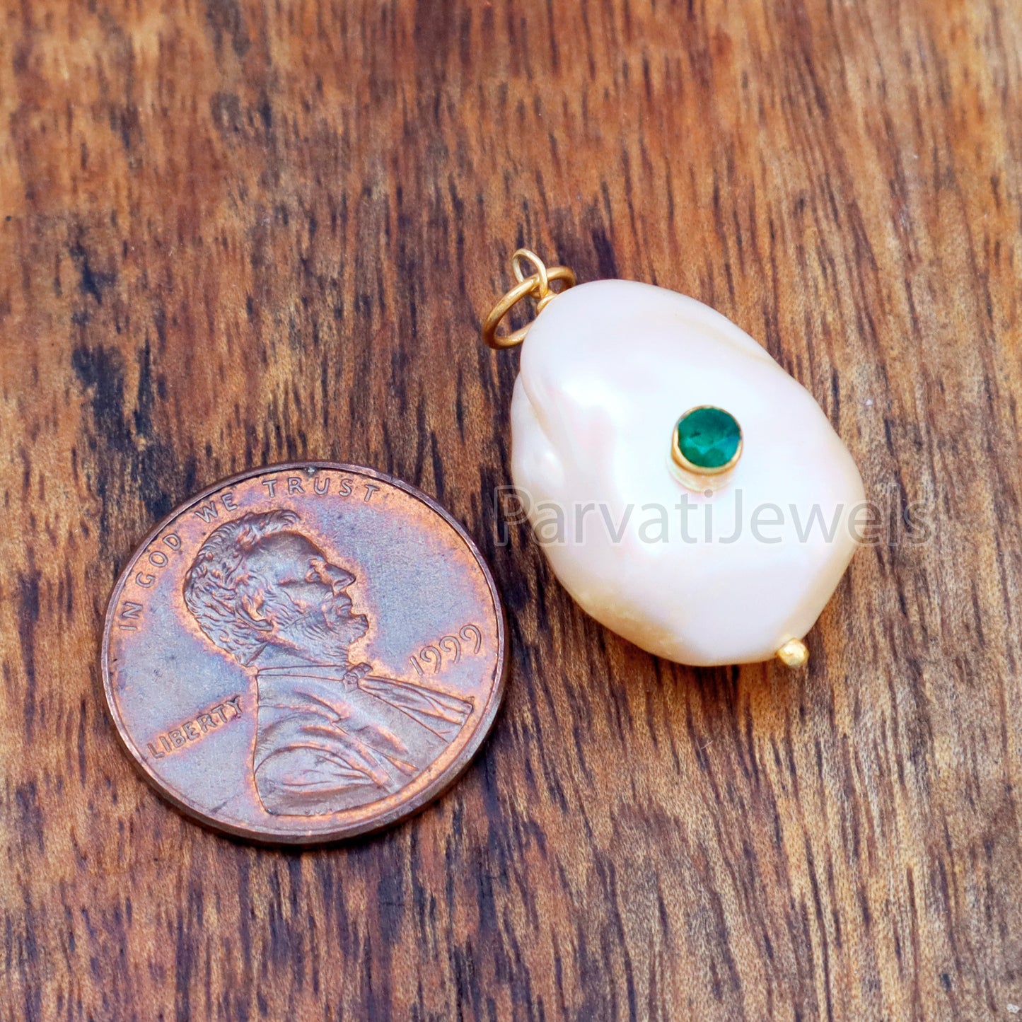 Natural Emerald Pave Baroque Pearl Charm, 18k Solid Gold Charm, Natural Pearl Gold Charm, Gold Charm, Pearl Charm Necklace, Pearl Charm