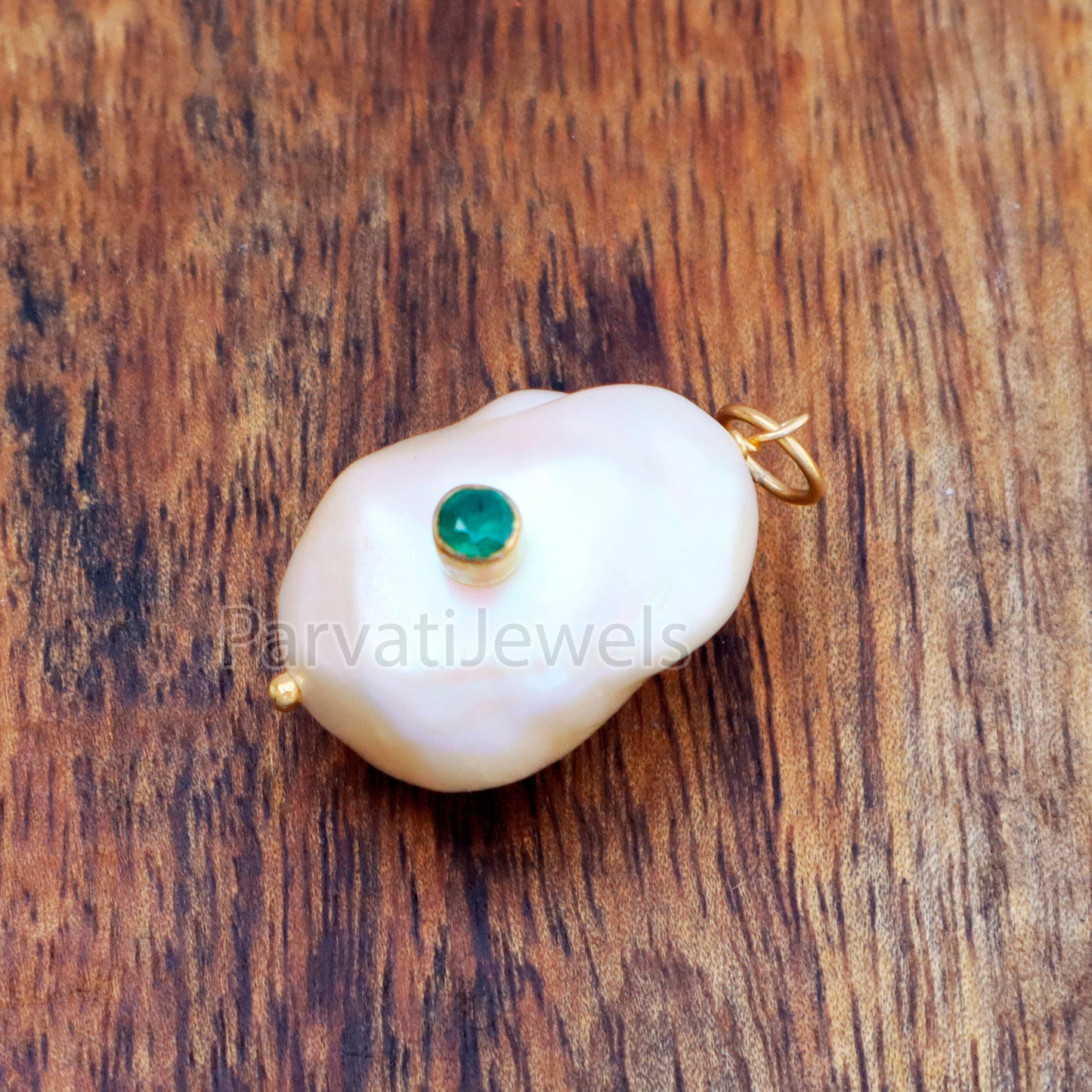 Natural Emerald Pave Baroque Pearl Charm, 18k Solid Gold Charm, Natural Pearl Gold Charm, Gold Charm, Pearl Charm Necklace, Pearl Charm