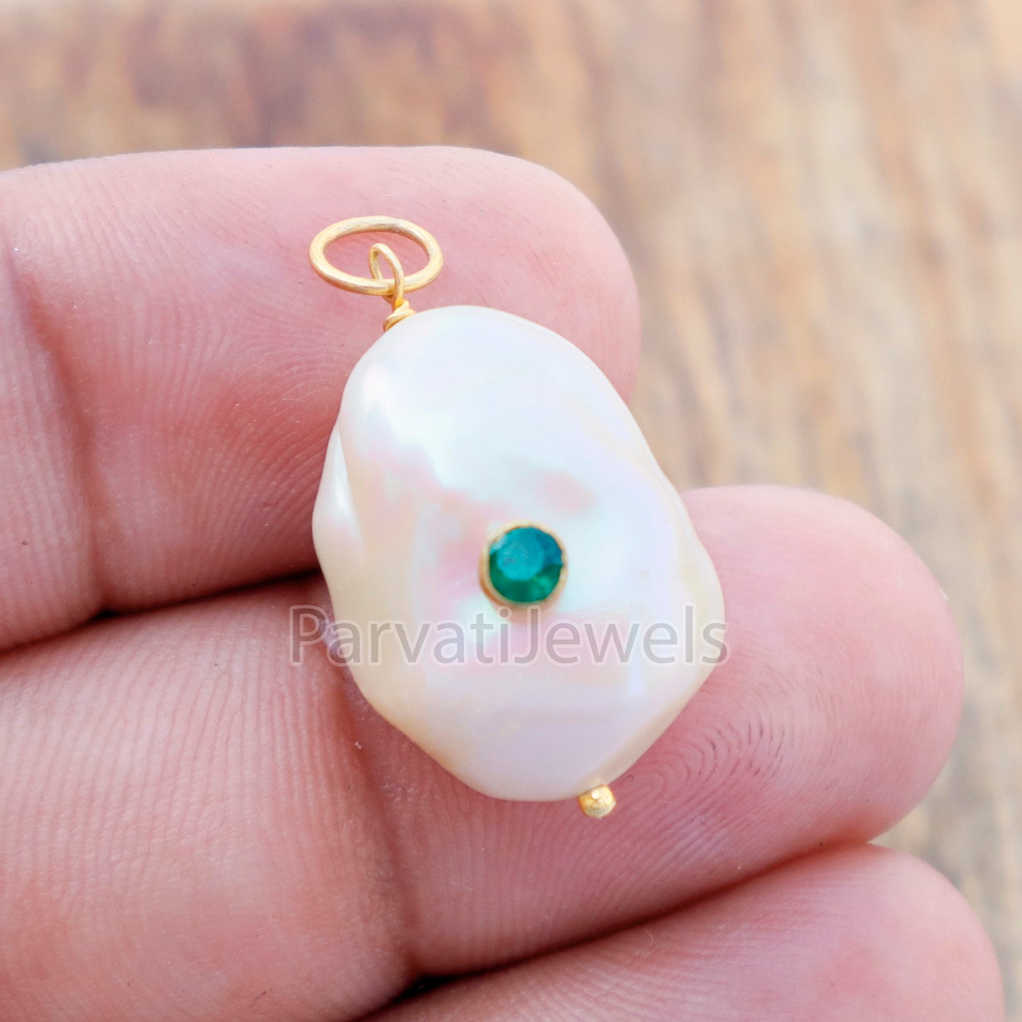 Natural Emerald Pave Baroque Pearl Charm, 18k Solid Gold Charm, Natural Pearl Gold Charm, Gold Charm, Pearl Charm Necklace, Pearl Charm
