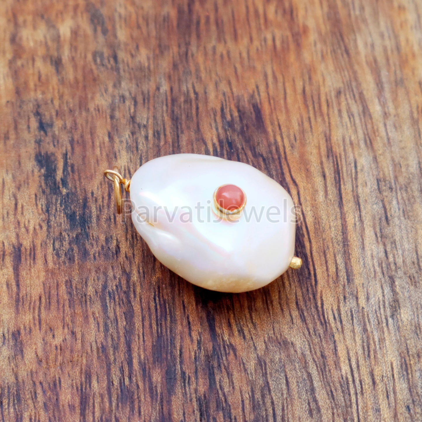 Natural Peach Moonstone Pave Baroque Pearl Charm, 18k Solid Gold Charm, Natural Pearl Gold Charm, , Pearl Charm Necklace, Charm Pendant
