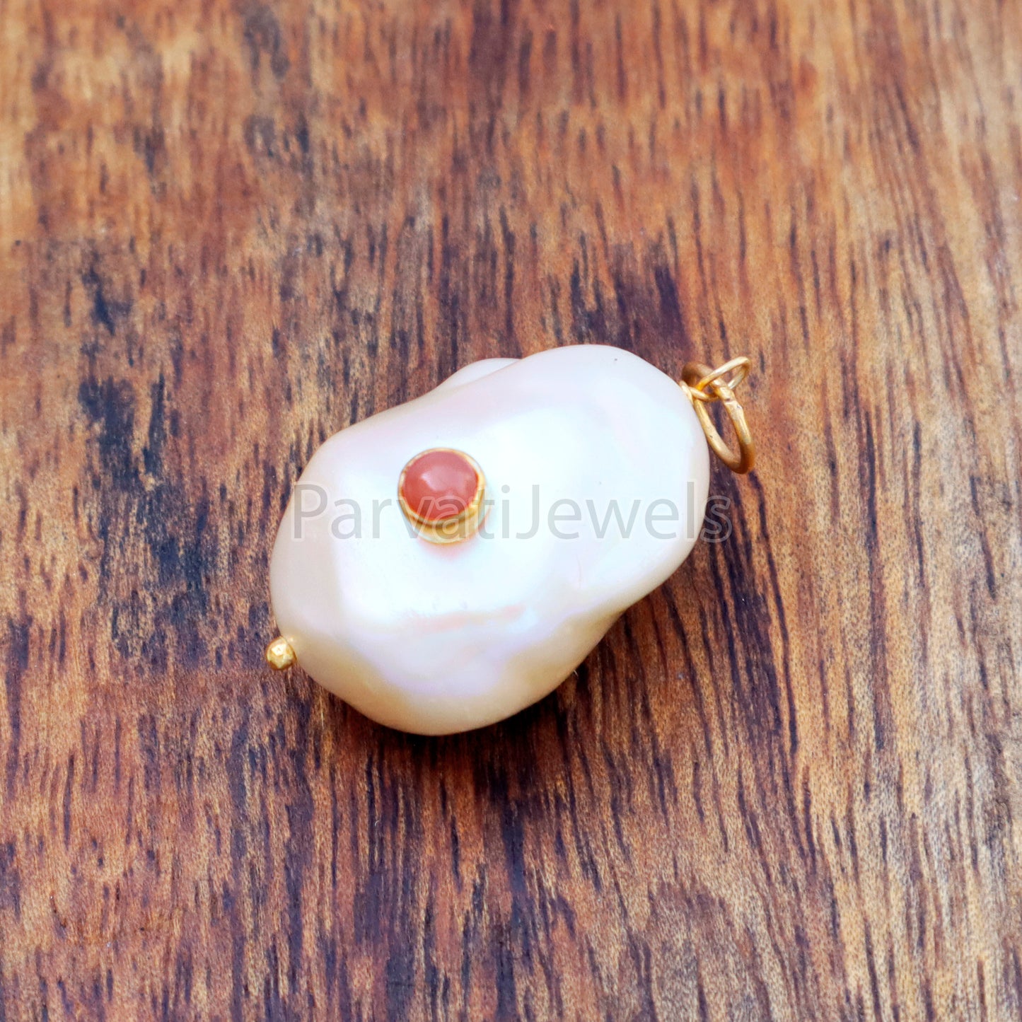 Natural Peach Moonstone Pave Baroque Pearl Charm, 18k Solid Gold Charm, Natural Pearl Gold Charm, , Pearl Charm Necklace, Charm Pendant
