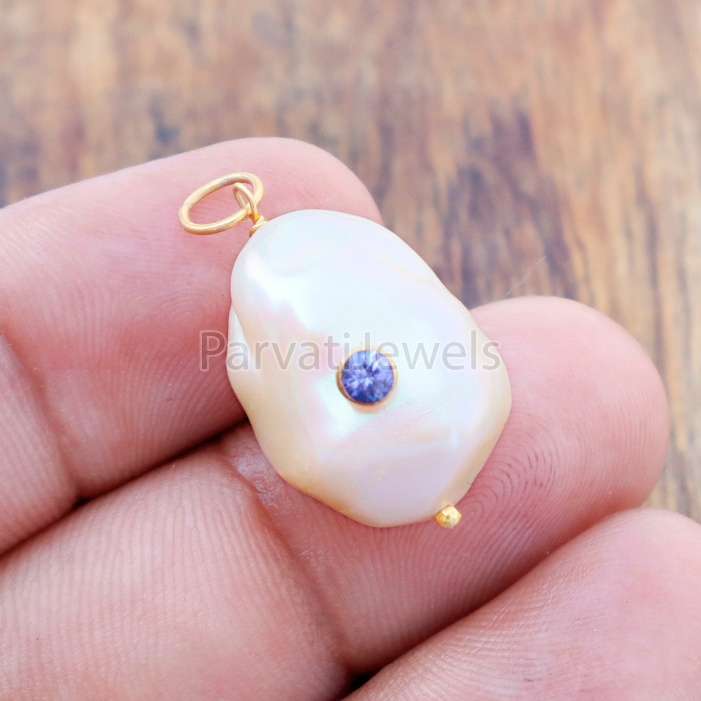 Natural Tanzanite Pave Baroque Pearl Charm, 18k Solid Gold Charm, Natural Pearl Gold Charm, Pearl Charm Necklace, Pearl Charm Pendant