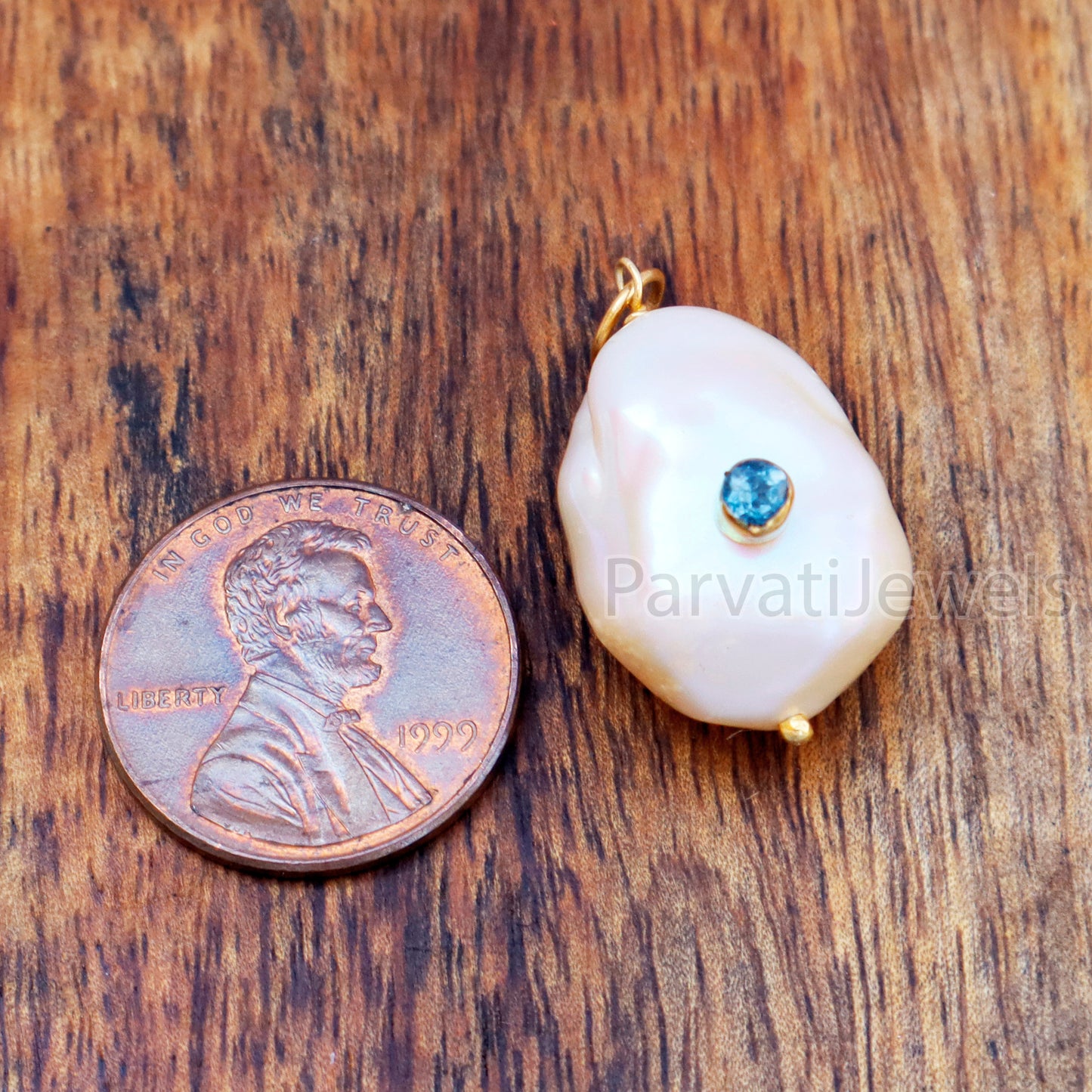 Natural London Blue Topaz Pave Baroque Pearl Charm, 18k Solid Gold Charm, Natural Pearl Gold Charm, , Pearl Charm Necklace, Charm Pendant