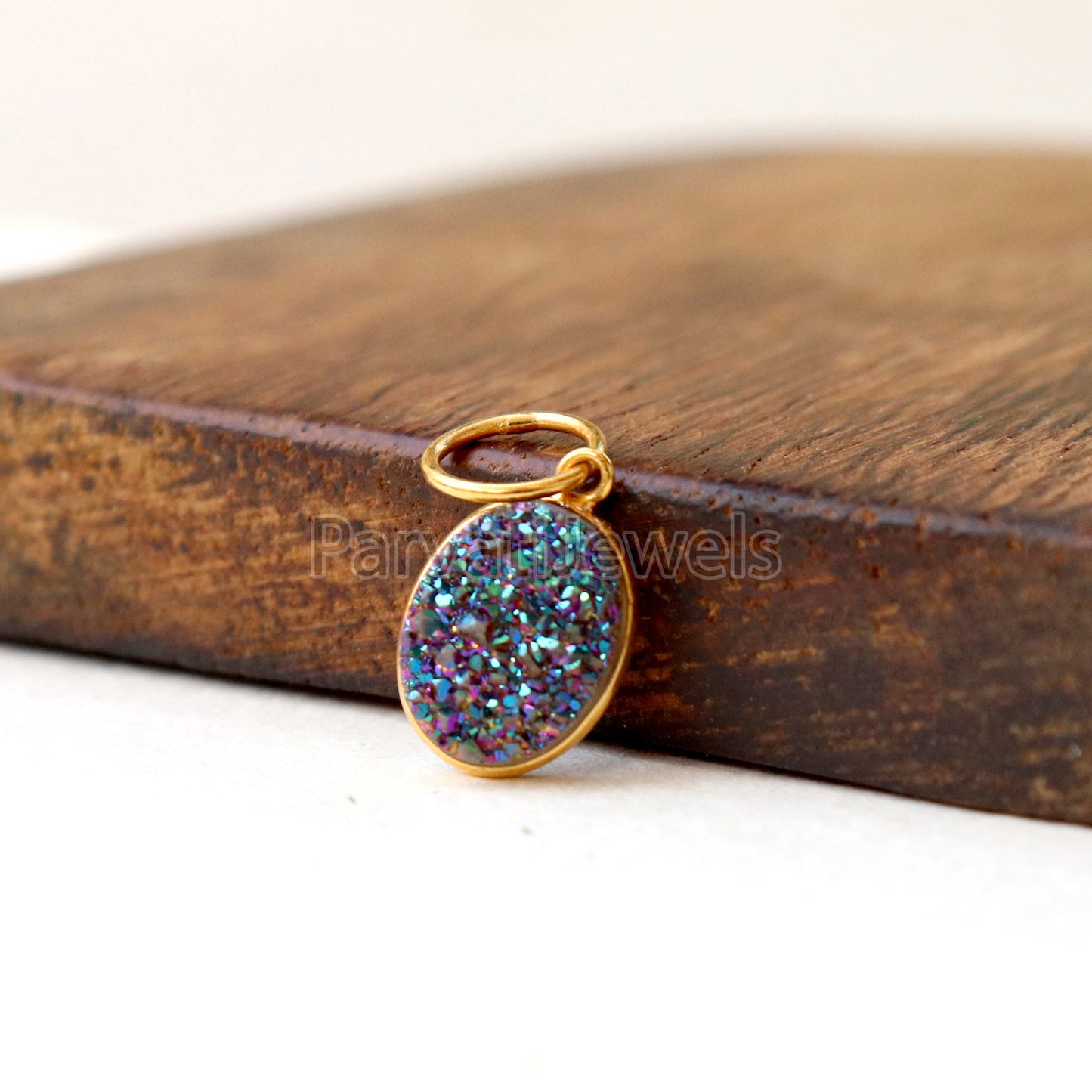 Titanium Aura Druzy Charm, 18k Solid Gold Charm, Natural Titanium Druzy Charm, Gold Charm, Charm Pendant, Charm Necklace, Handmade Charms