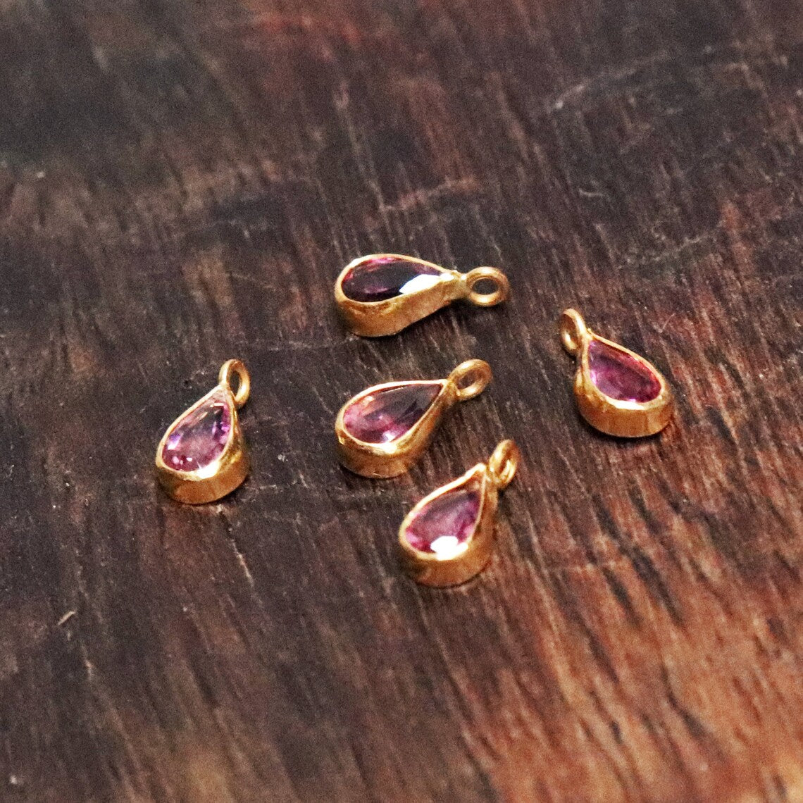 Pink Tourmaline 18K gold charms pendent .4x6 mm pear shape .Natural Gemstone.Solid 18 carat yellow gold. Birthstone, AMAZING PINK COLOUR