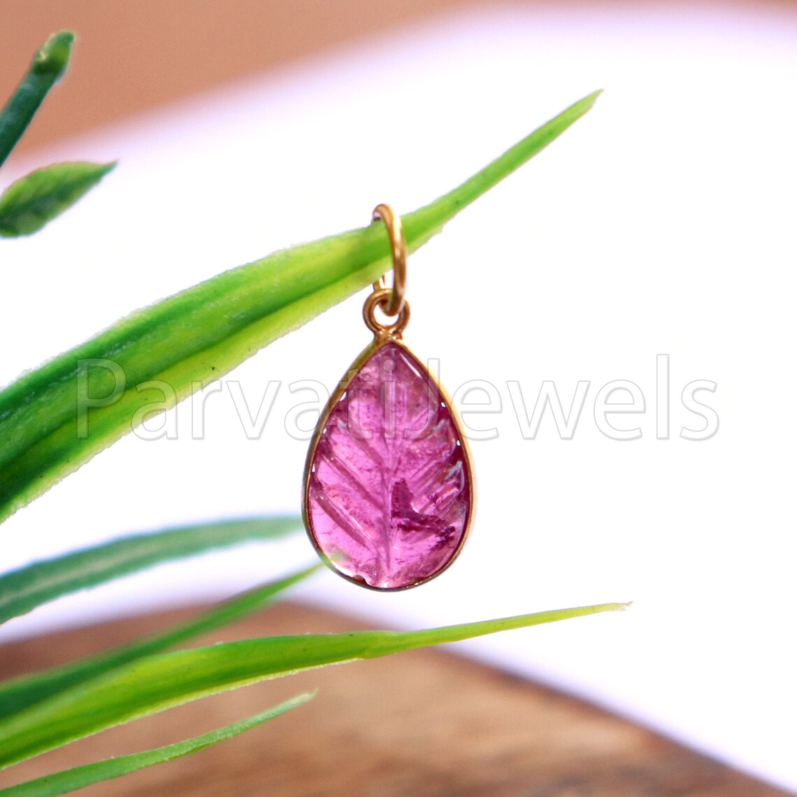 Natural Pink Tourmaline Charm, 18k Solid Gold Charm, Hand Carved Pink Tourmaline Charm, Charm Pendant, Charm Necklace, Handmade Gold Charm
