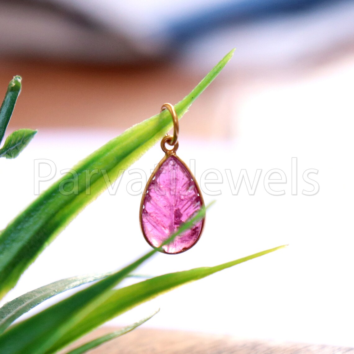 Natural Pink Tourmaline Charm, 18k Solid Gold Charm, Hand Carved Pink Tourmaline Charm, Charm Pendant, Charm Necklace, Handmade Gold Charm