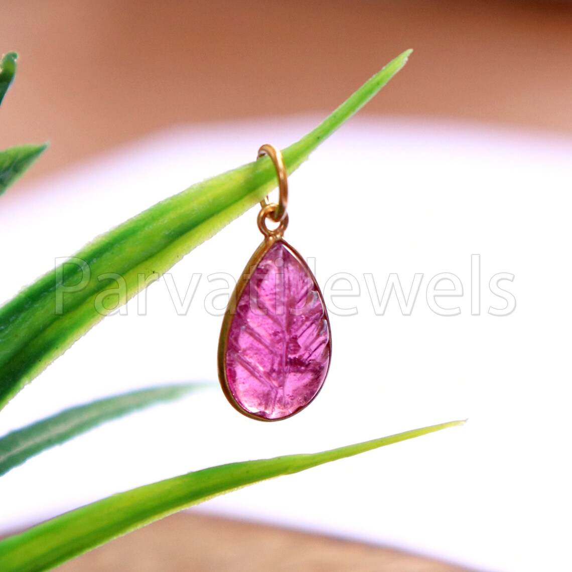Natural Pink Tourmaline Charm, 18k Solid Gold Charm, Hand Carved Pink Tourmaline Charm, Charm Pendant, Charm Necklace, Handmade Gold Charm