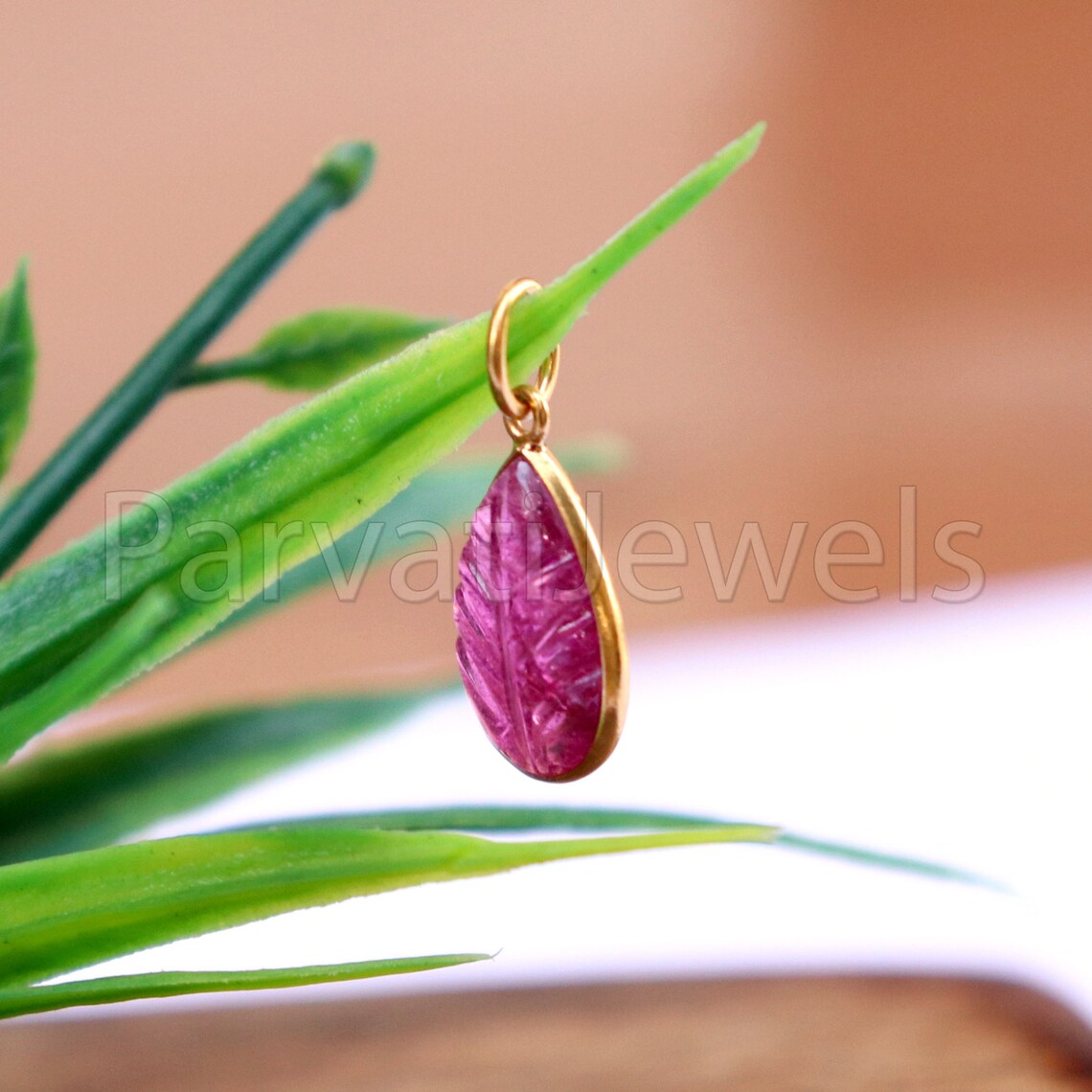 Natural Pink Tourmaline Charm, 18k Solid Gold Charm, Hand Carved Pink Tourmaline Charm, Charm Pendant, Charm Necklace, Handmade Gold Charm