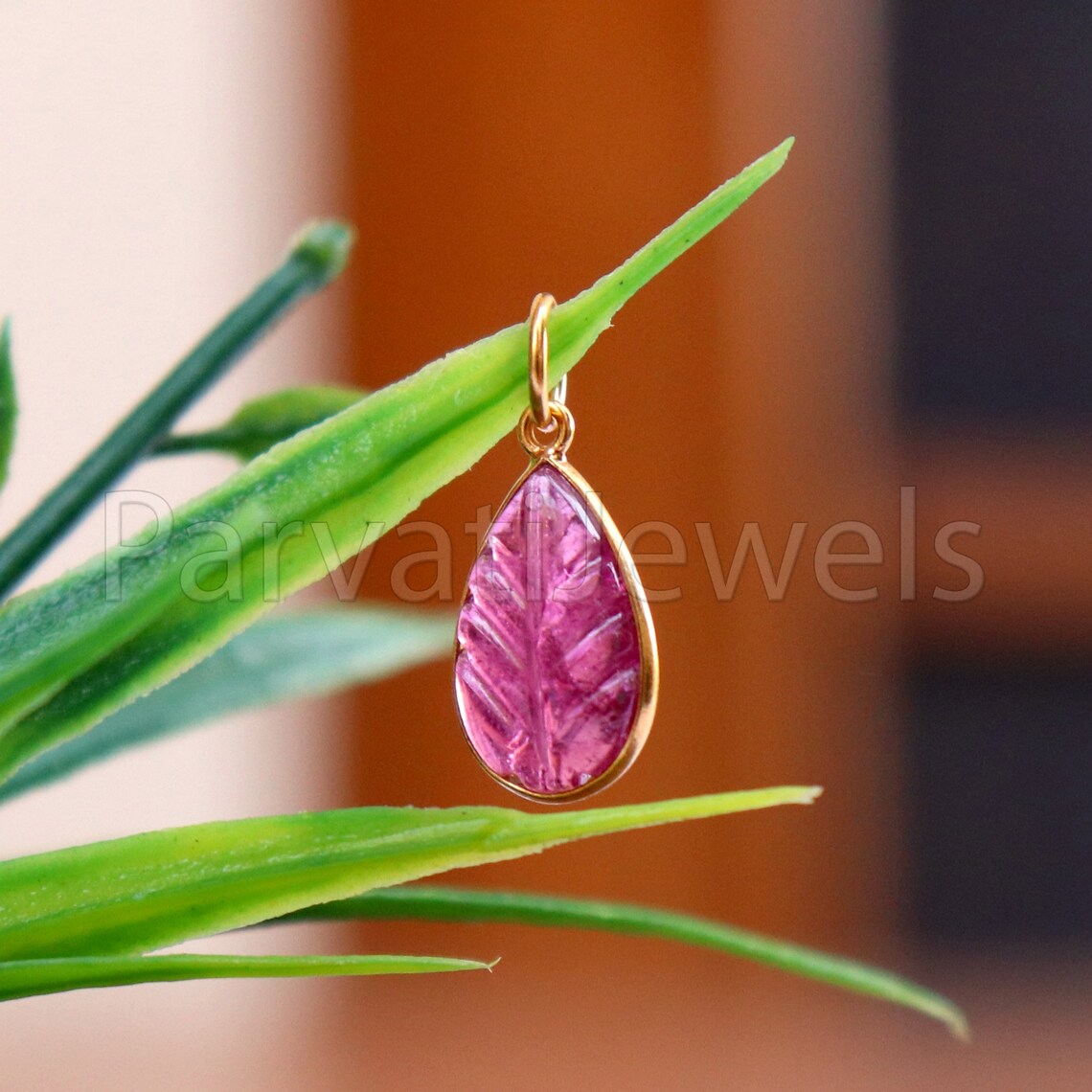 Natural Pink Tourmaline Charm, 18k Solid Gold Charm, Hand Carved Pink Tourmaline Charm, Charm Pendant, Charm Necklace, Handmade Gold Charm
