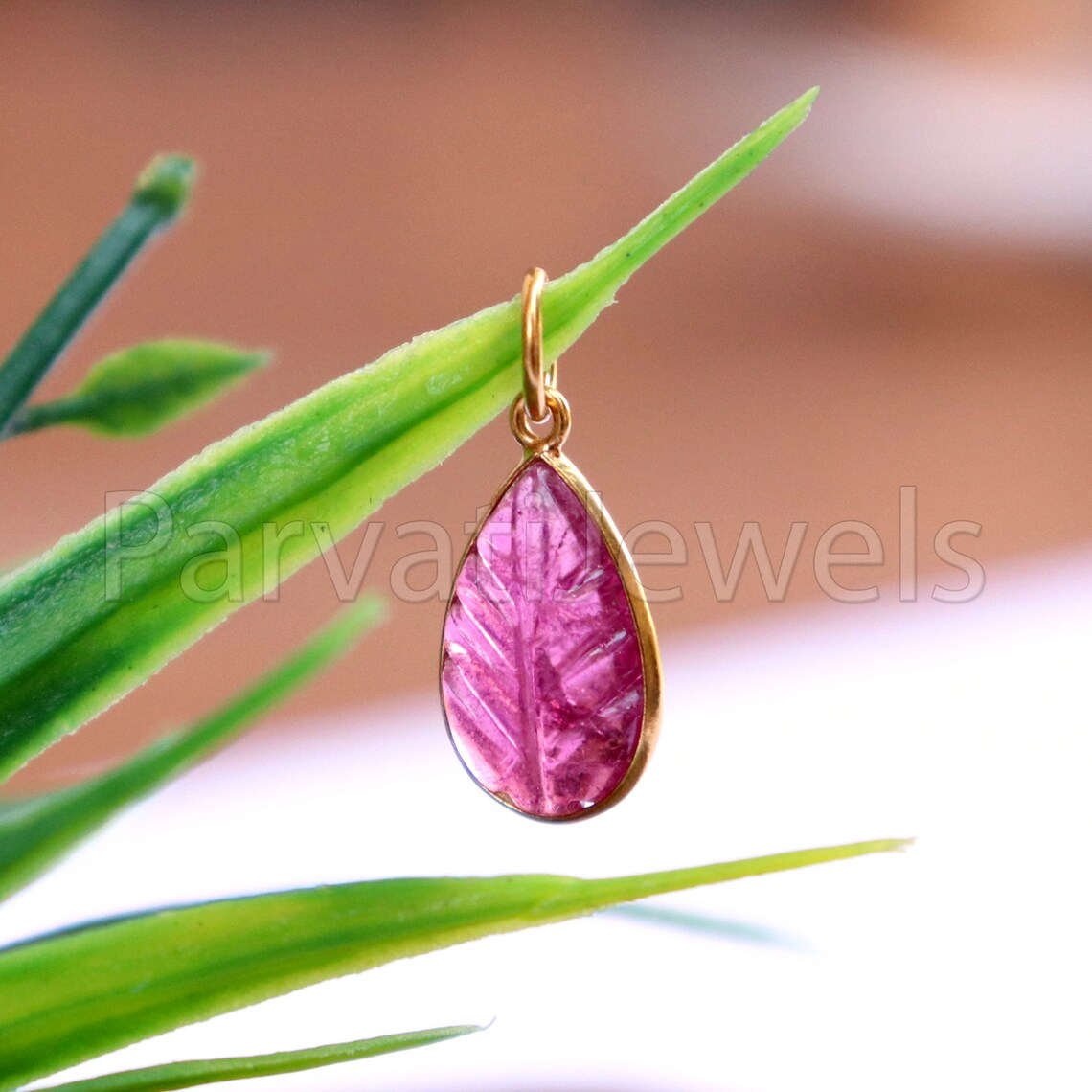 Natural Pink Tourmaline Charm, 18k Solid Gold Charm, Hand Carved Pink Tourmaline Charm, Charm Pendant, Charm Necklace, Handmade Gold Charm