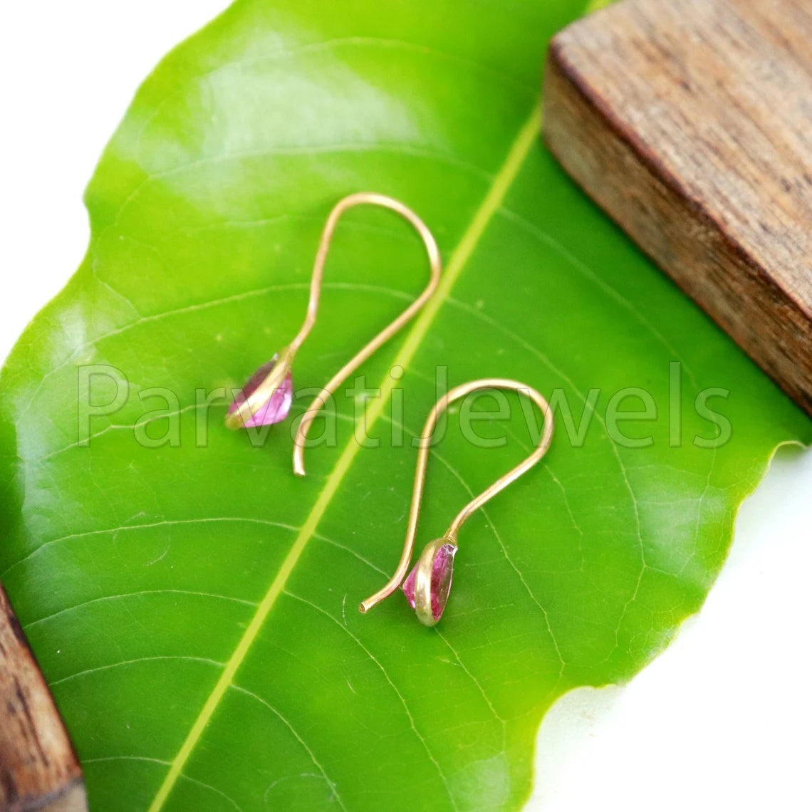 Natural Pink Tourmaline Earring, Tourmaline Dangle Earring, Solid 18K Gold Earring, Handmade Gold Earring, Minimalist Dangle Earring