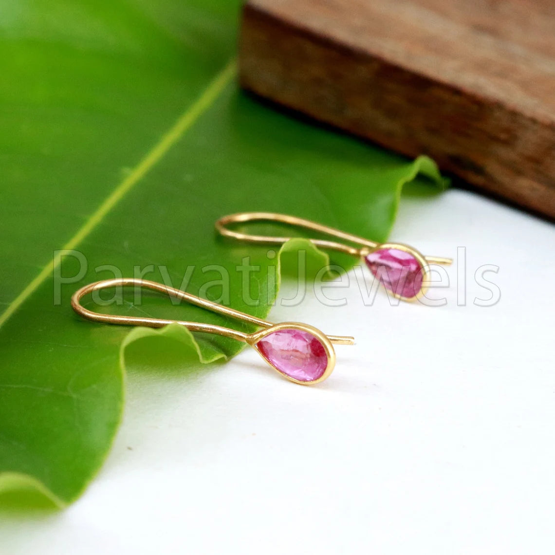 Natural Pink Tourmaline Earring, Tourmaline Dangle Earring, Solid 18K Gold Earring, Handmade Gold Earring, Minimalist Dangle Earring