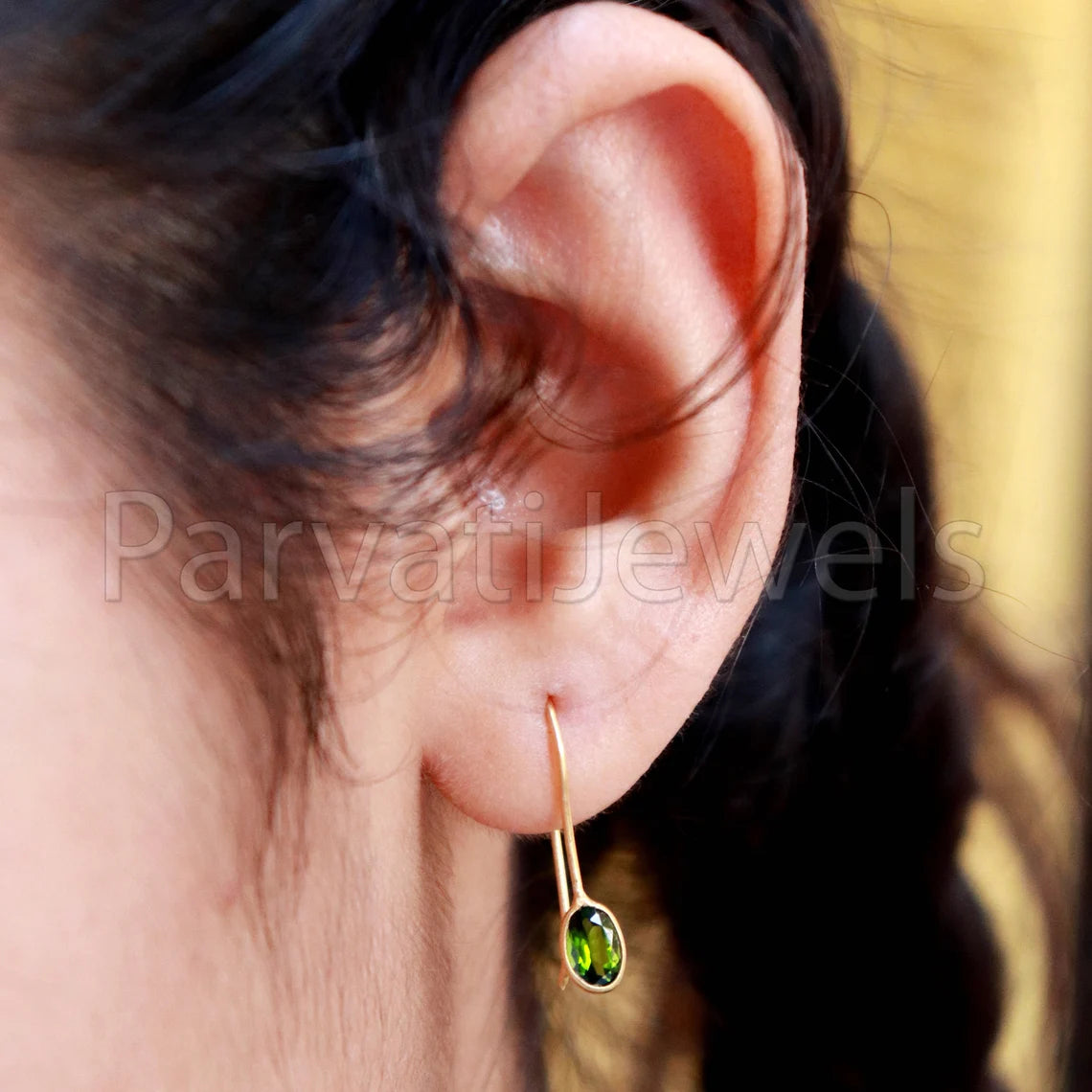 Natural Green Tourmaline Earring, Tourmaline Dangle Earring, Solid 18K Gold Earring, Handmade Gold Earring, Minimalist Dangle Earring