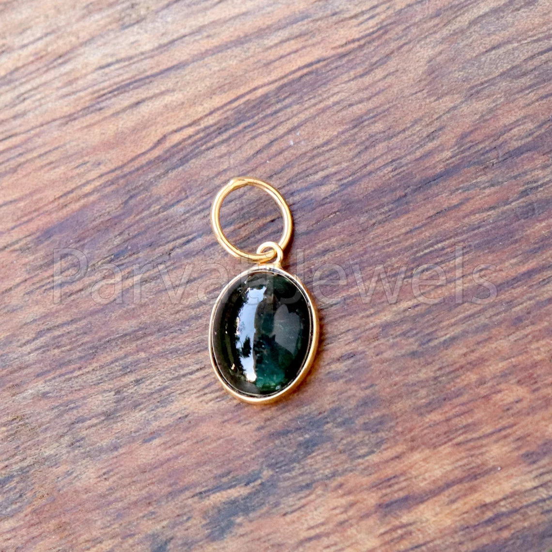 Green Tourmaline Charm, 18k Solid Gold Charm, Deep Green Tourmaline Charm, Gold Charm, Cabochon Tourmaline Charm , Handmade Gold Charm