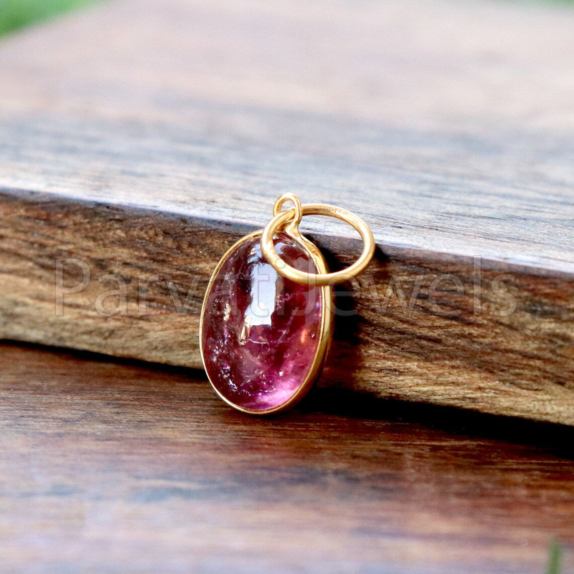 Pink Tourmaline Charm, 18k Solid Gold Charm, Deep Pink Tourmaline Charm, Gold Charm, Cabochon Tourmaline Charm, Handmade Gold Charm