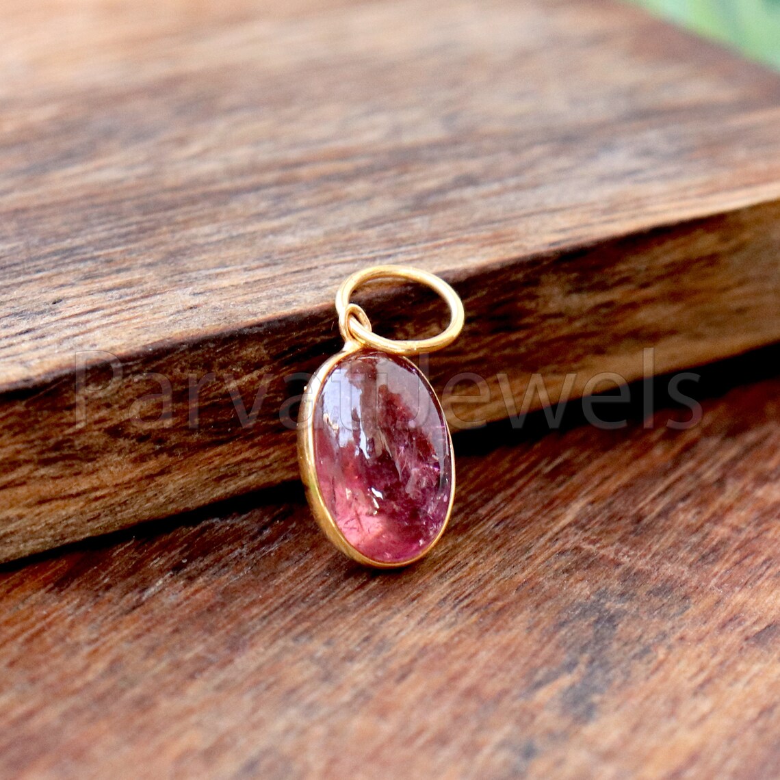 Pink Tourmaline Charm, 18k Solid Gold Charm, Deep Pink Tourmaline Charm, Gold Charm, Cabochon Tourmaline Charm, Handmade Gold Charm