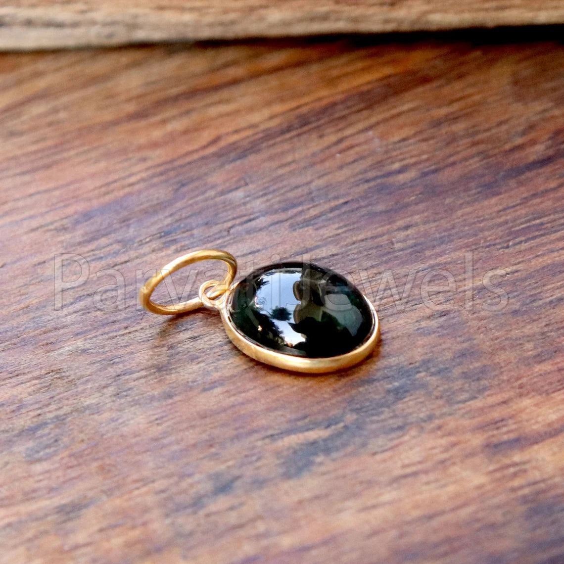 Green Tourmaline Charm, 18k Solid Gold Charm, Deep Green Tourmaline Charm, Gold Charm, Cabochon Tourmaline Charm , Handmade Gold Charm
